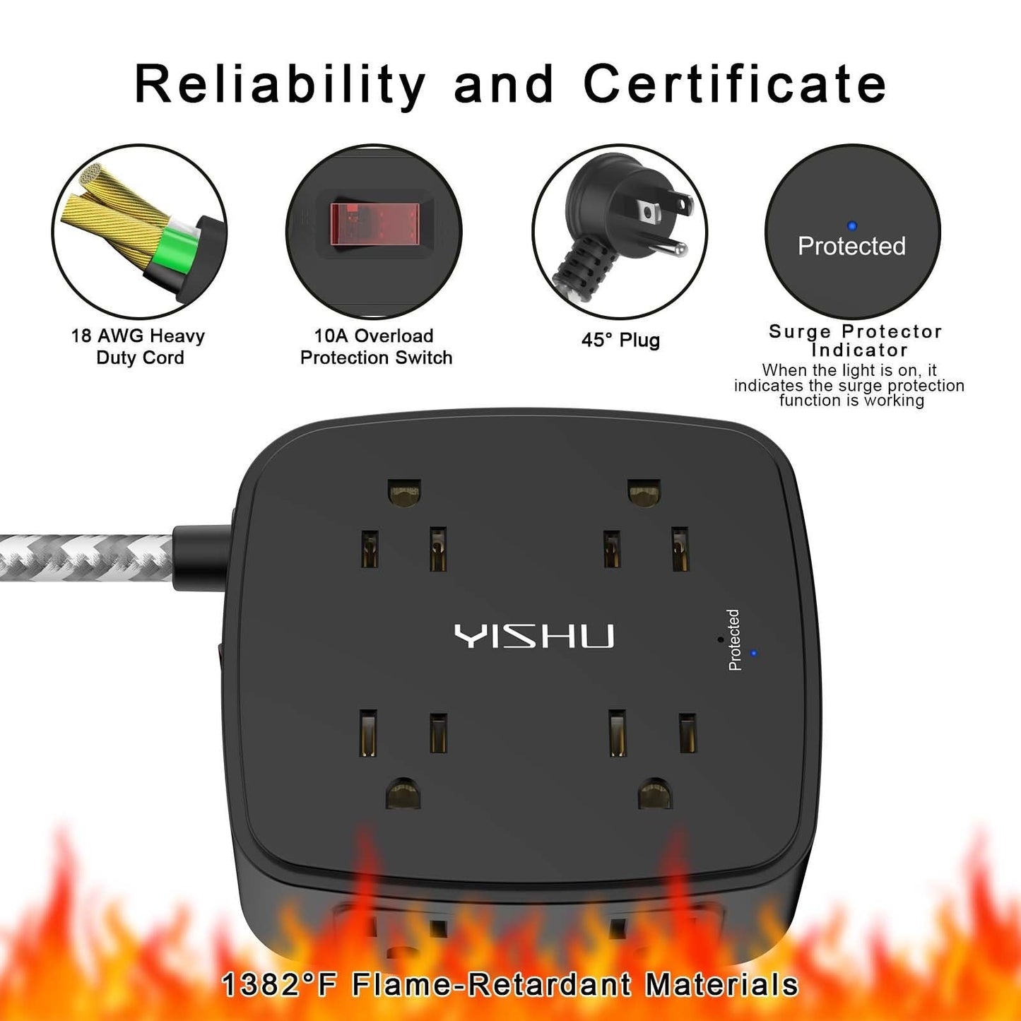 8 Outlet Surge Protector Power Strip with 4 USB Ports, 10FT Braided Cord, Flat P5