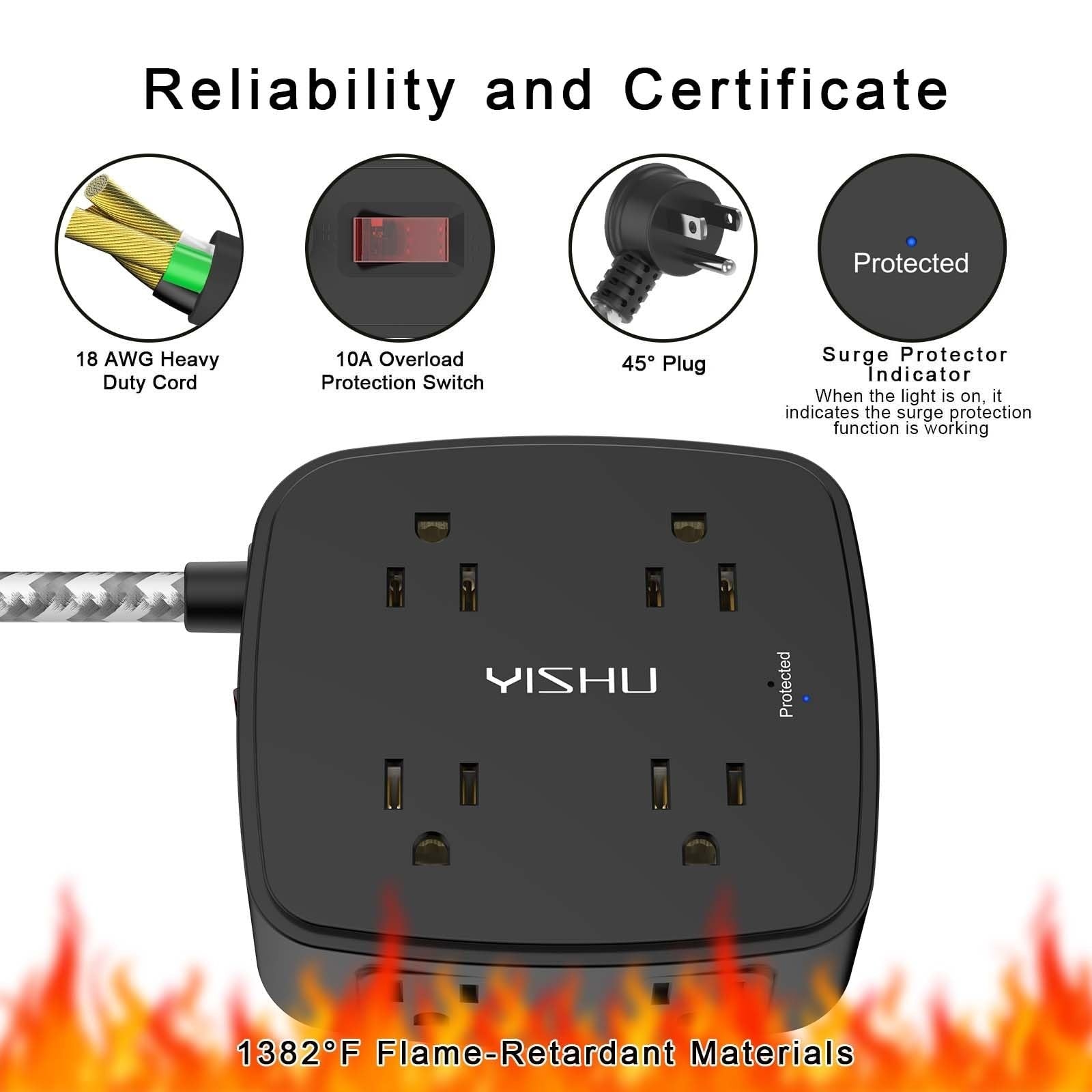 8 Outlet Surge Protector Power Strip with 4 USB Ports, 10FT Braided Cord, Flat P5