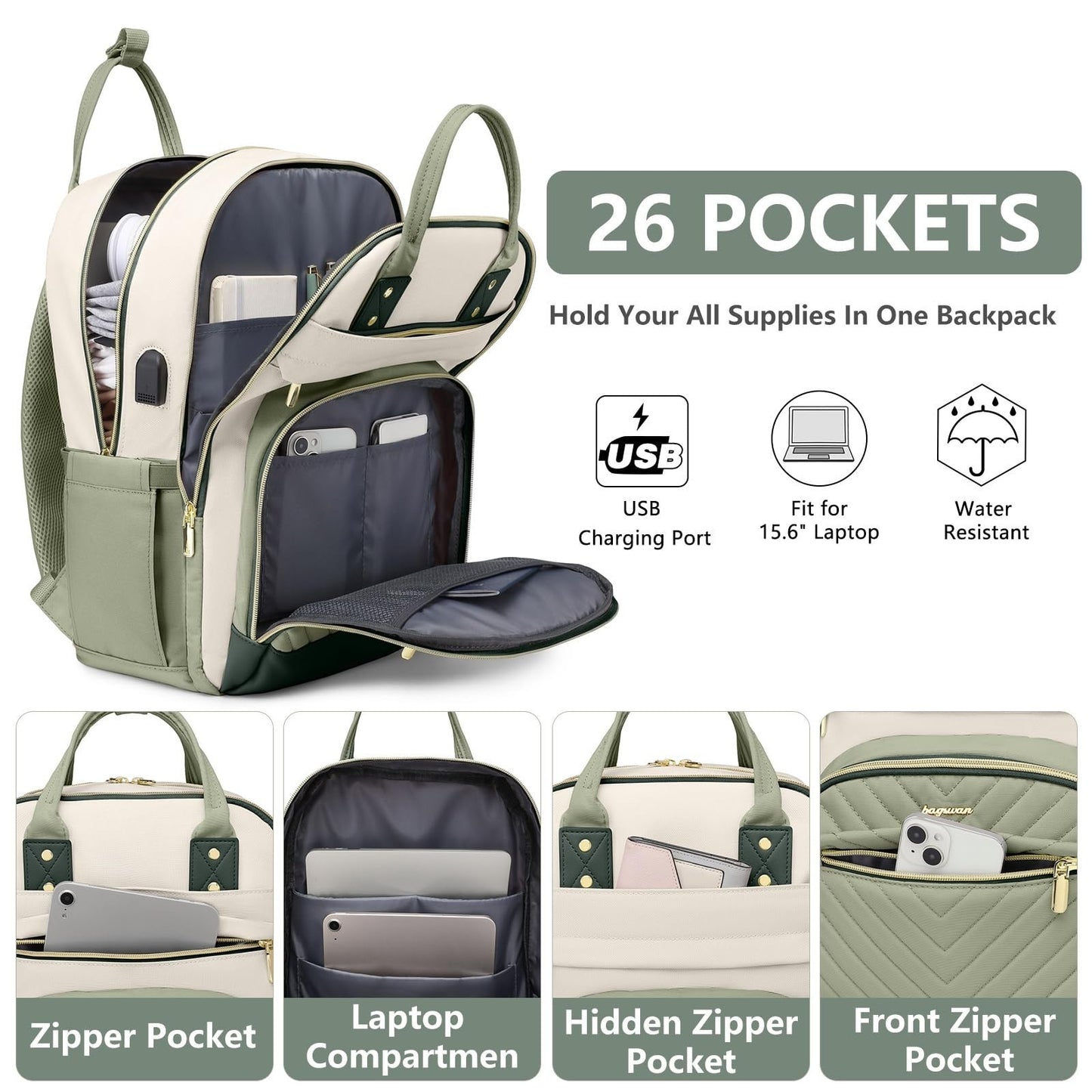 Stylish 15.6" Laptop Backpack for Women & Teens   USB Charger, Waterproof, Casua2