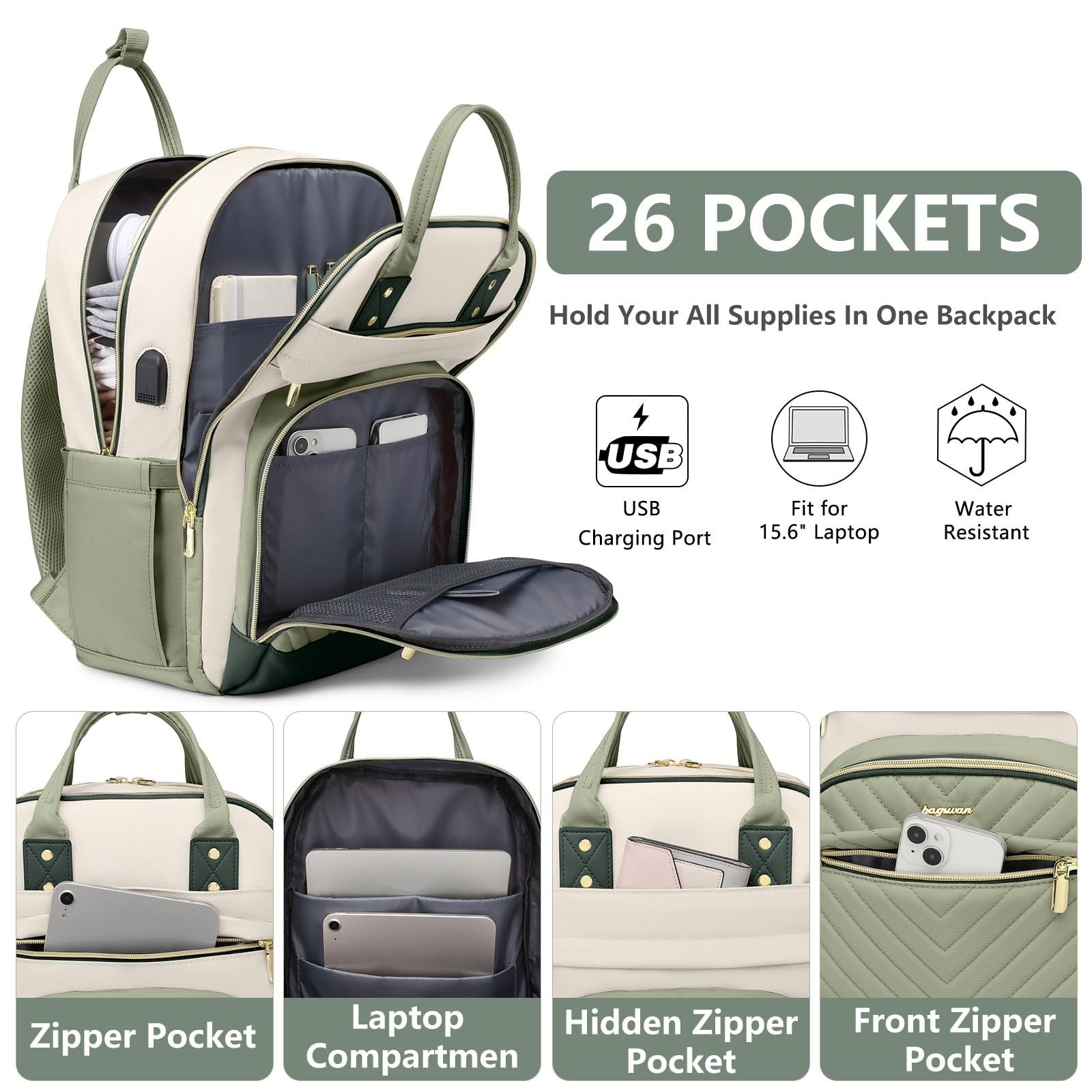 Stylish 15.6" Laptop Backpack for Women & Teens   USB Charger, Waterproof, Casua2