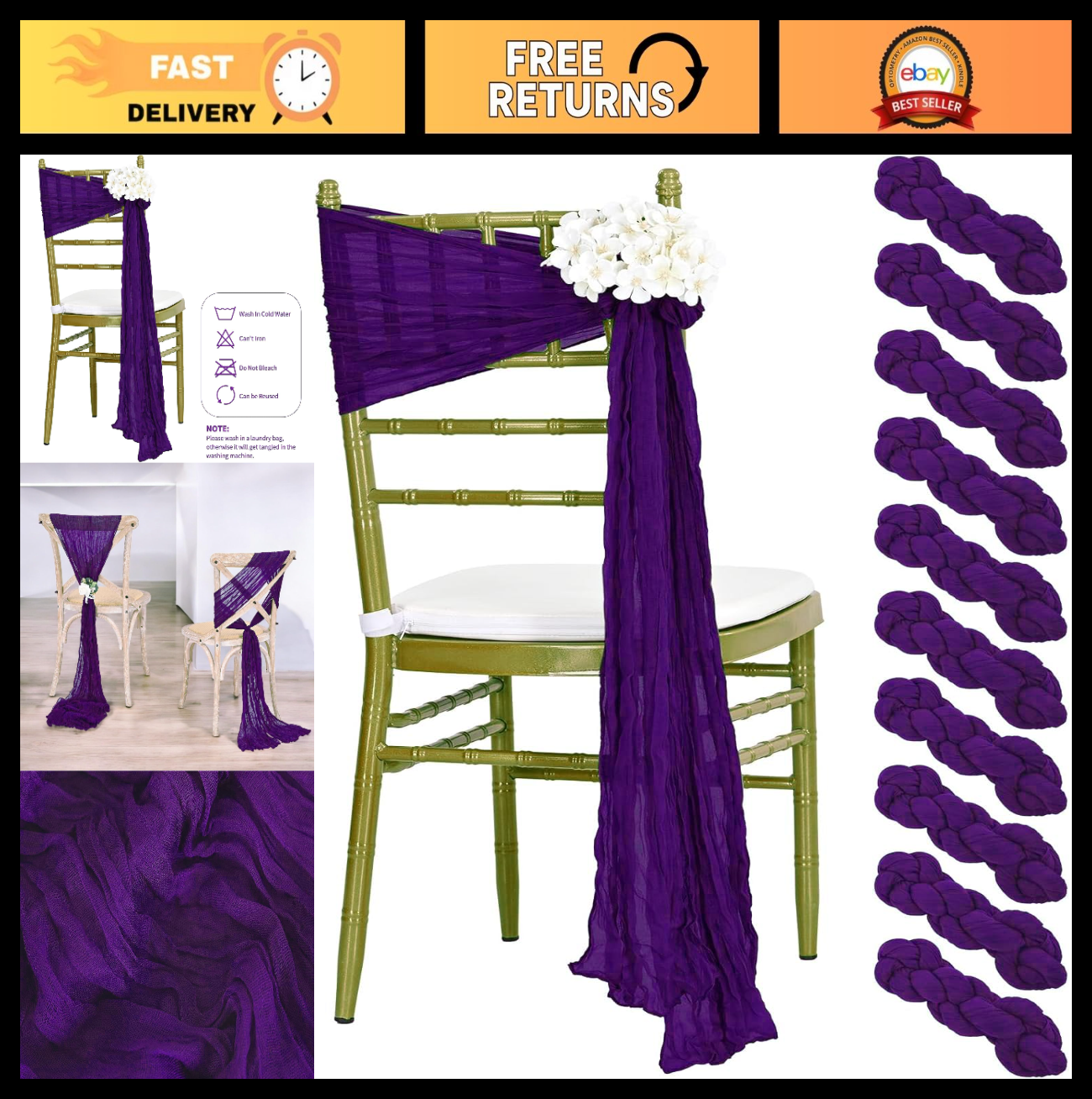 25 PCS Cheesecloth Chair Sashes 17"x70" Rustic Gauze Bows for Wedding Party Deco0