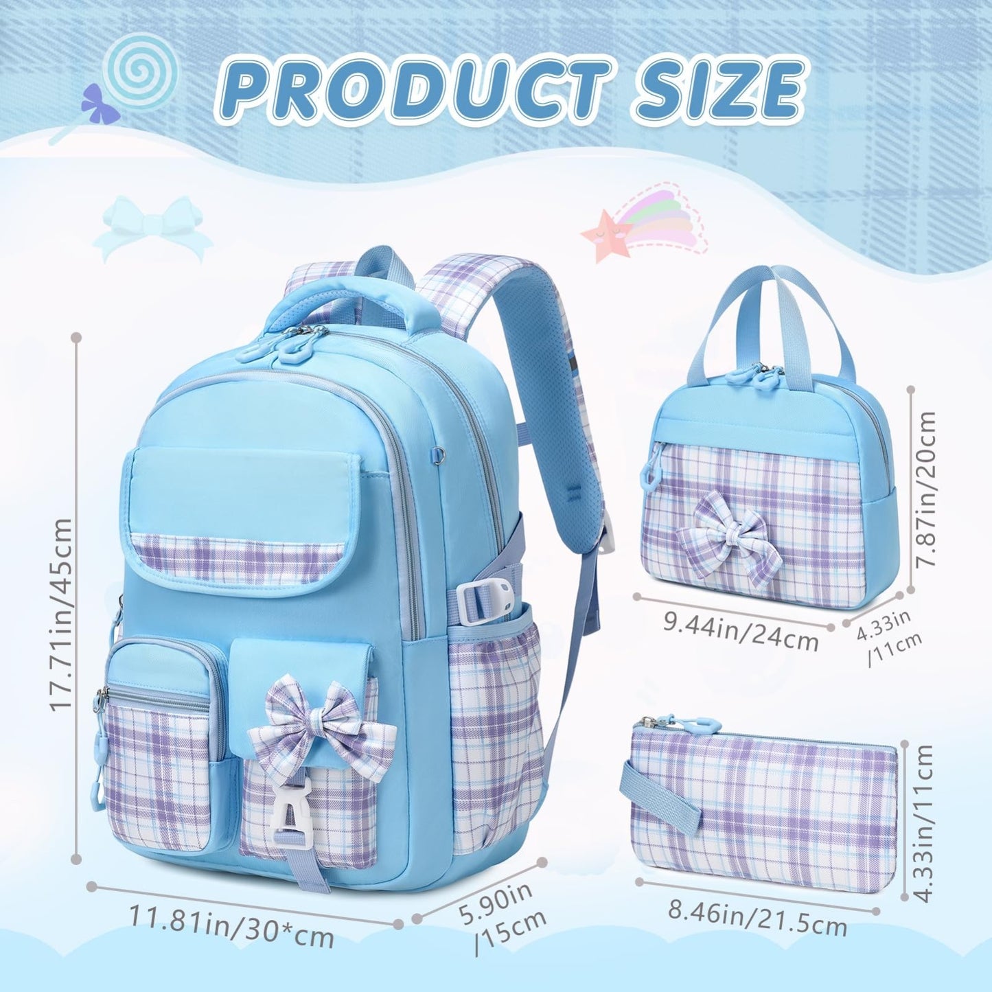 Stylish 3PCS Girls School Backpack Set, 17" Bow Plaid Bookbag for Kids2