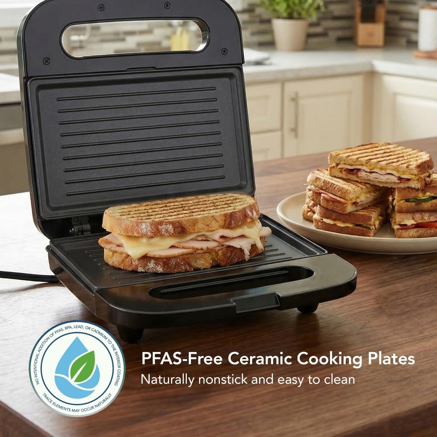 Compact Electric Panini Press Grill - Nonstick Plates, Thermostat Control, LED I7