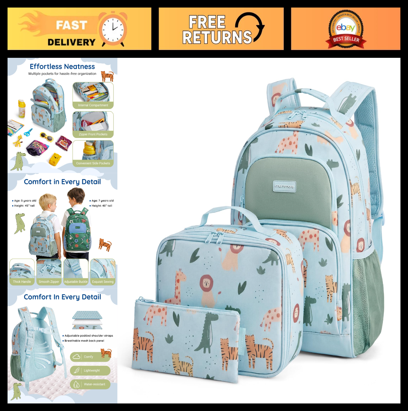 Kids Backpack Set for Kindergarten, 3-Piece School Bag with Lunch Box & Pencil C0