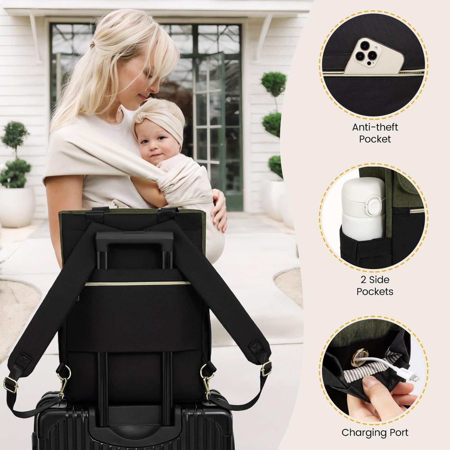 Stylish Diaper Bag Backpack & Tote with Insulated Pockets & Changing Pad5