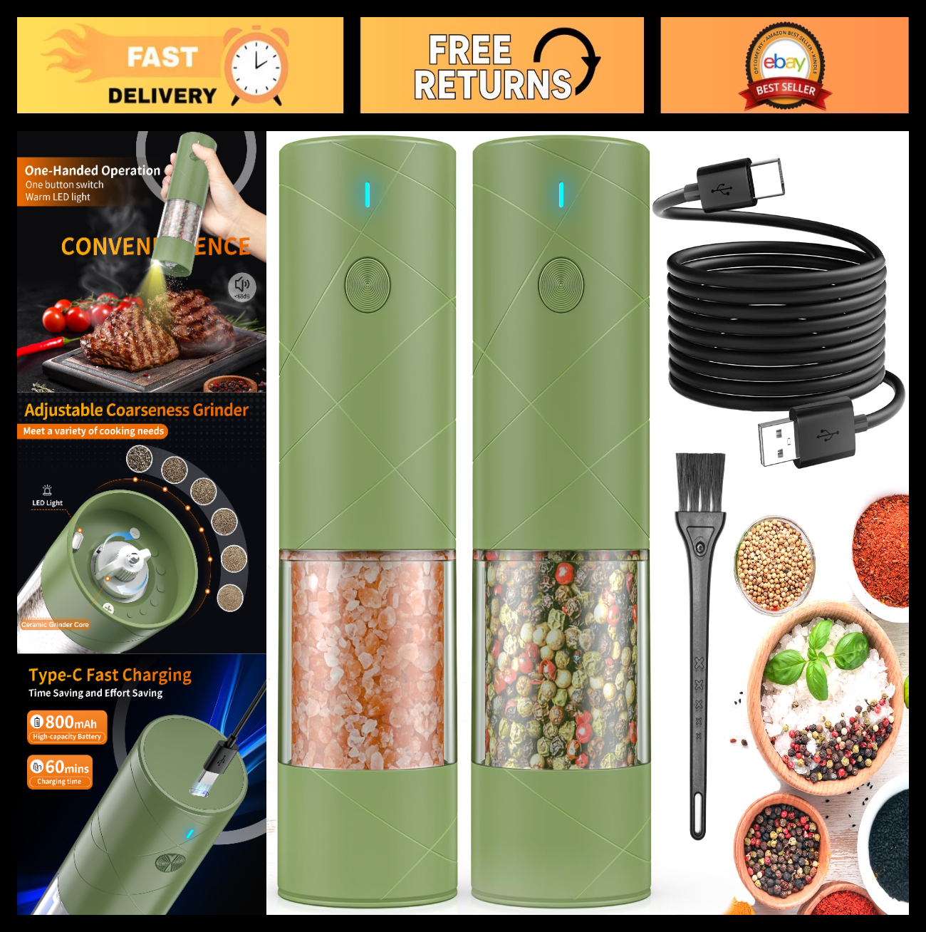 2 Pack USB Rechargeable Electric Salt & Pepper Grinders with LED Light, Adjustab0