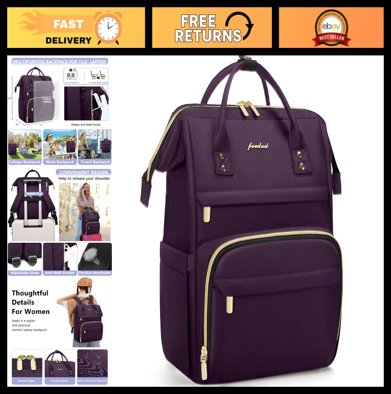 Stylish 15.6" Laptop Backpack for Women   Waterproof Travel Work Bag, Dark Purpl0