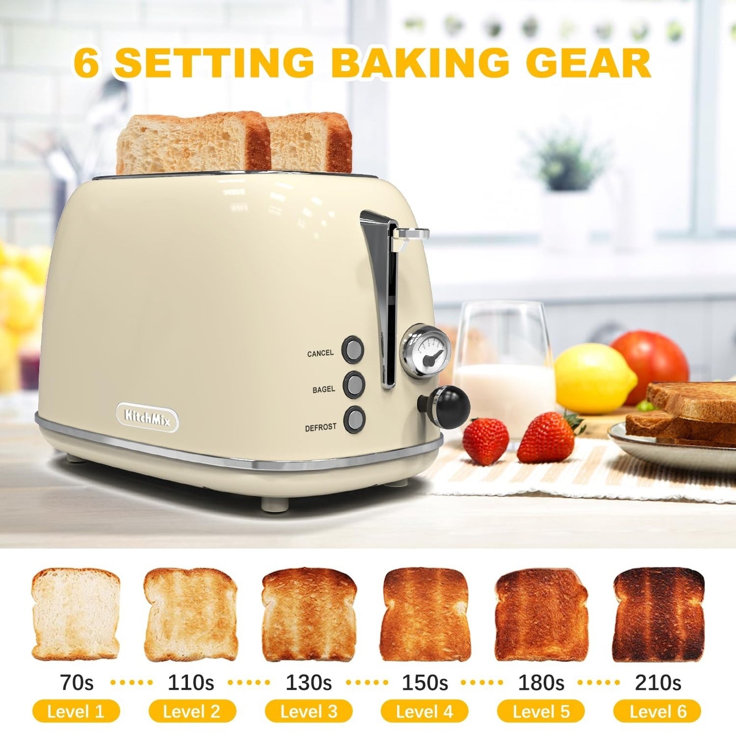 Retro Stainless Steel 2 Slice Toaster with 6 Settings, Extra Wide Slots, Bagel/D3