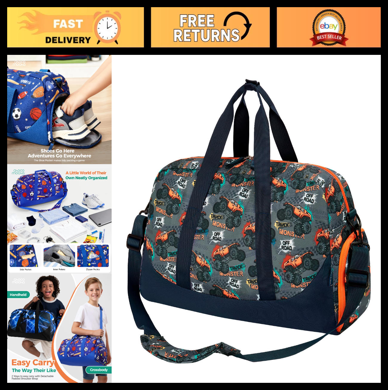 Kids Monster Truck Duffle Bag - Large Overnight Travel Bag with Shoe Compartment0
