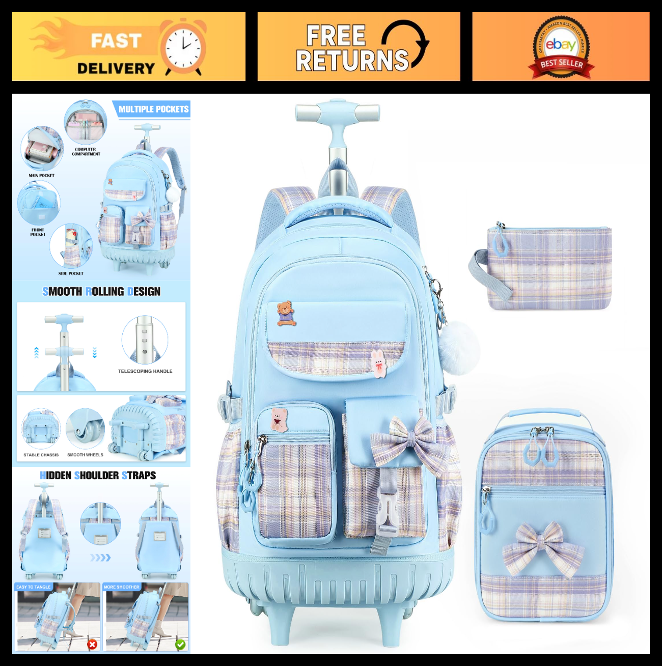 Rolling Backpack for Girls   Wheeled School Bag with Lunch Bag & Pencil Pouch, B0