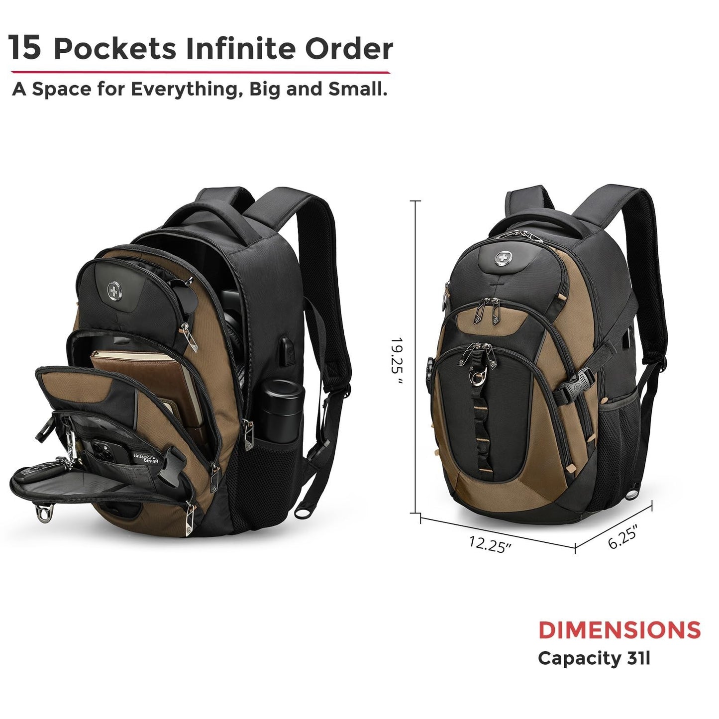 Travel Laptop Backpack with USB Charging Port, Fits 15.6" Computer, 31L College3