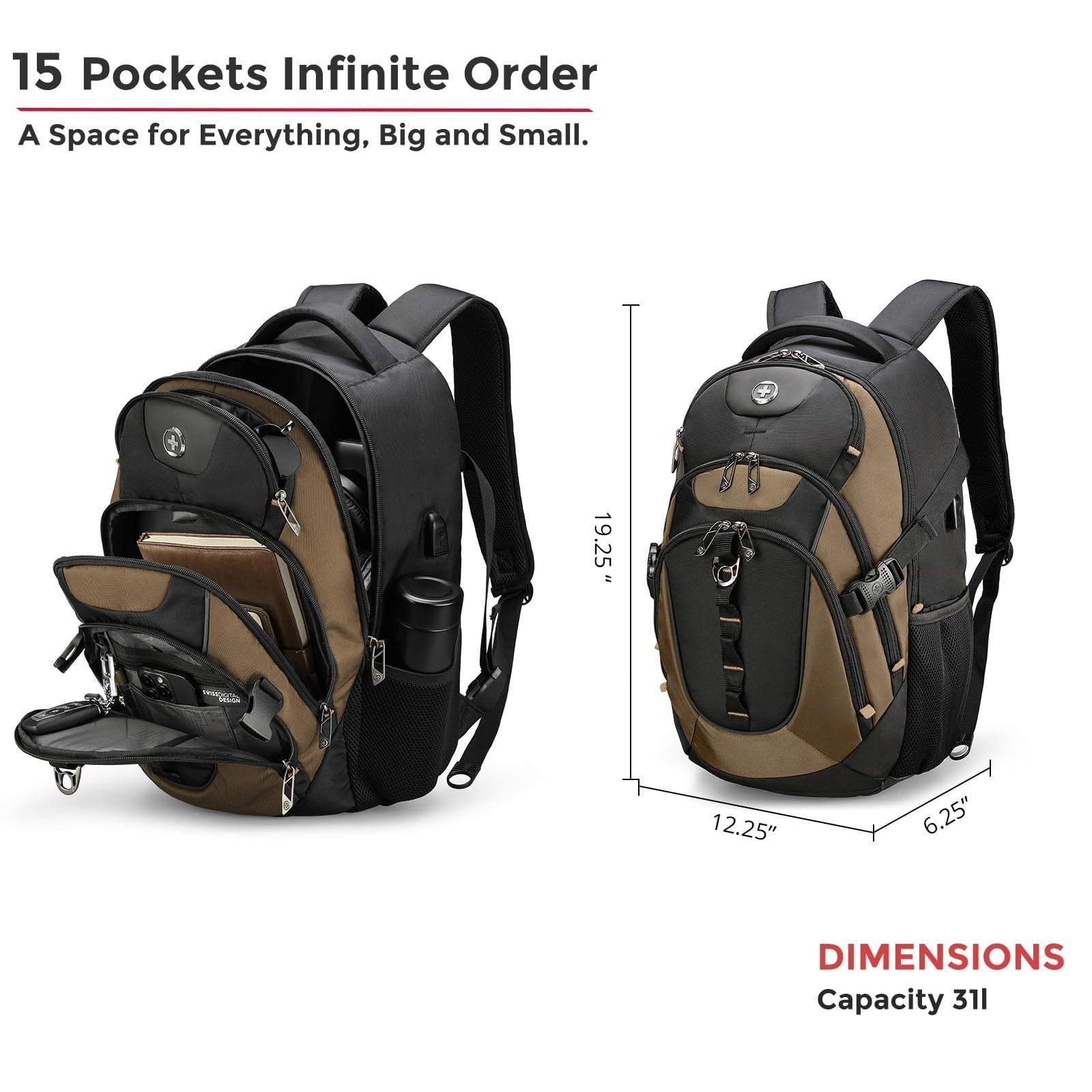 Travel Laptop Backpack with USB Charging Port, Fits 15.6" Computer, 31L College3
