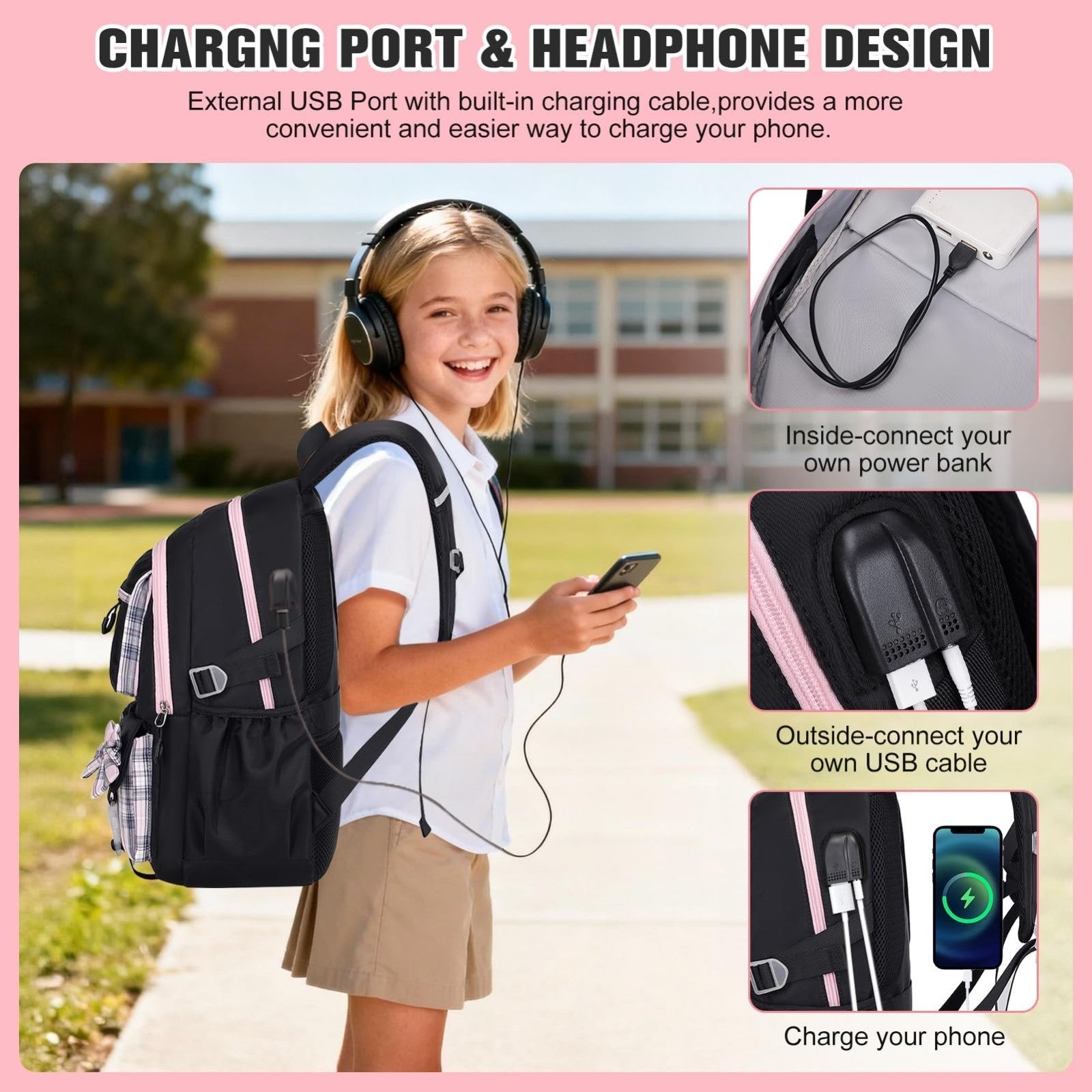 Cute Bow Backpack for Girls   School Bag with Lunch Bag & Pen Case, Stylish & Fu3