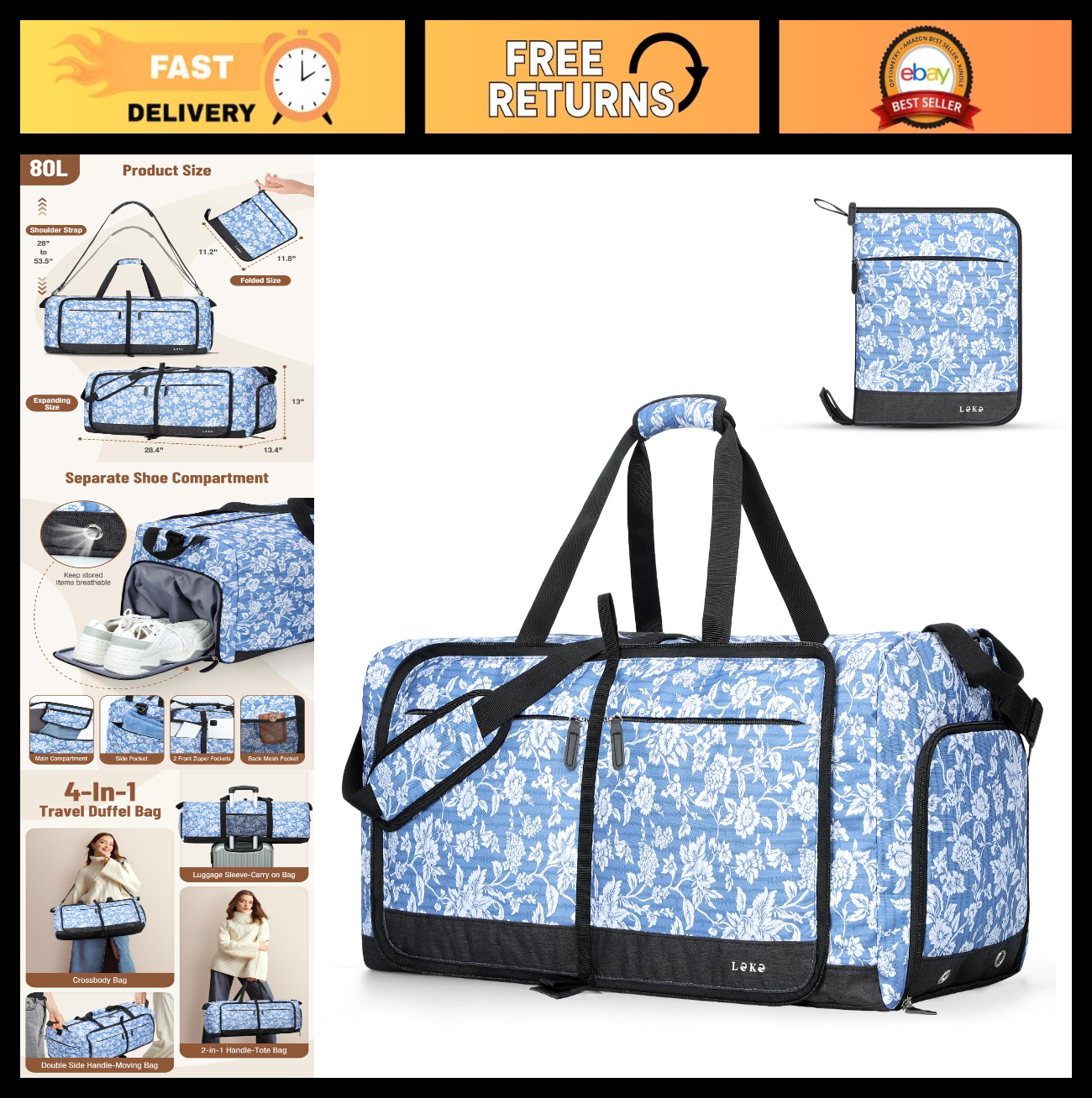 Large Foldable Travel Duffle Bag for Women - 80L, Weekend Carry-On, Shoe Compart0