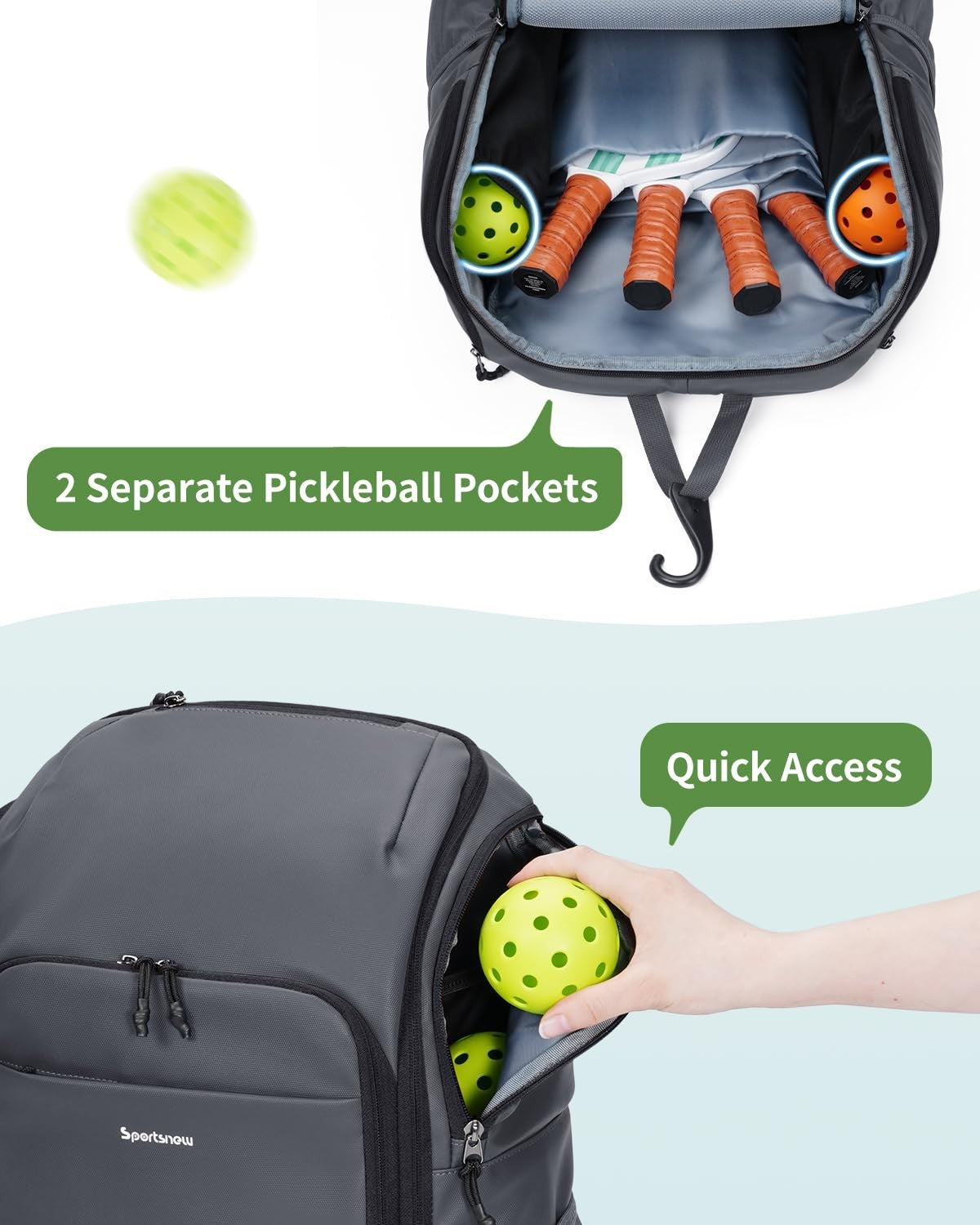 Waterproof Pickleball Bag with Shoe Compartment & Fence Hook | 30L, 2 Pockets, A2