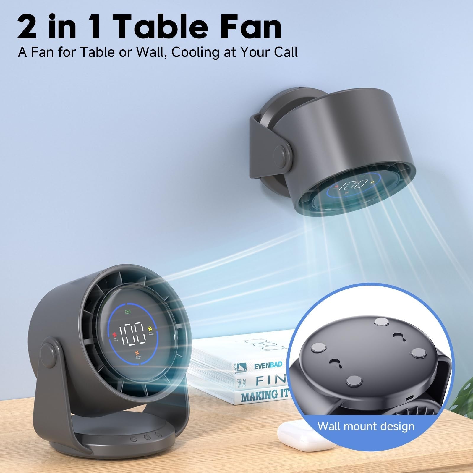 Turbo Desk Fan   100 Speed Digital Display, Low Noise, 105° Tilt, 7.5" Rechargea3