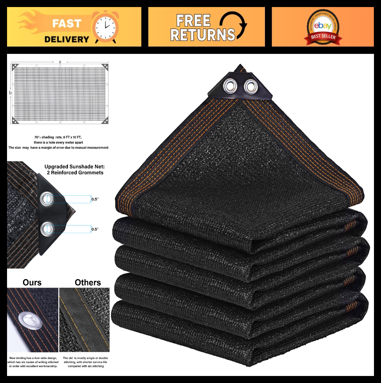 70% Black Shade Cloth 8x10 FT - Garden Mesh Tarp for Greenhouse, Patio, Plants,0