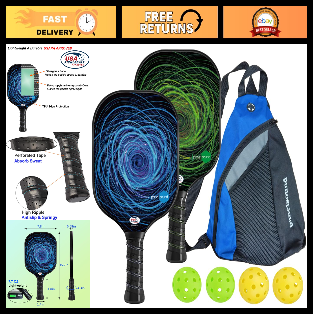 Pickleball Paddle Set of 2 or 4 - USAPA Approved Fiberglass Rackets, 4 Balls & C0