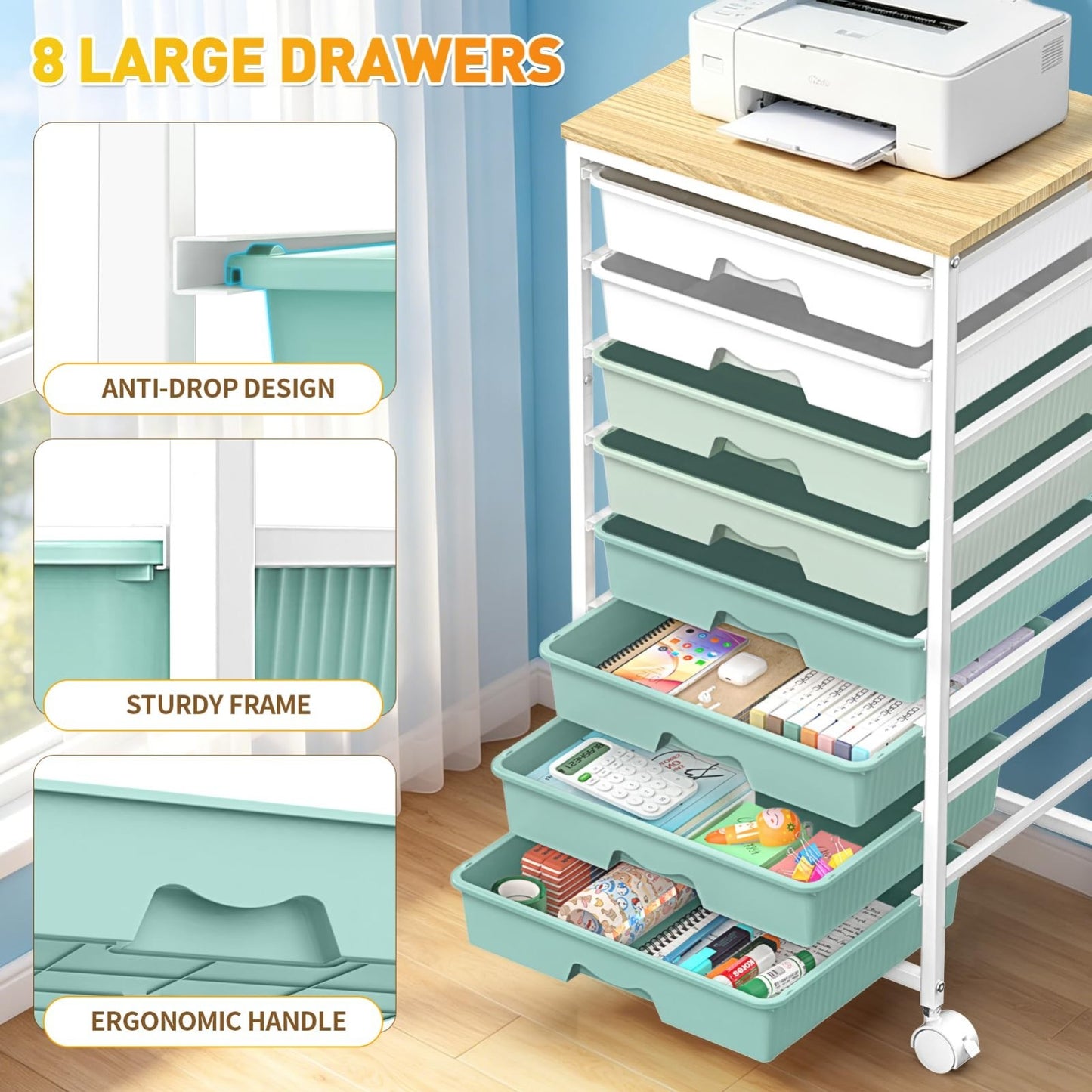 8 Drawer Rolling Storage Cart with Wooden Top & Lockable Wheels   Craft & Office4