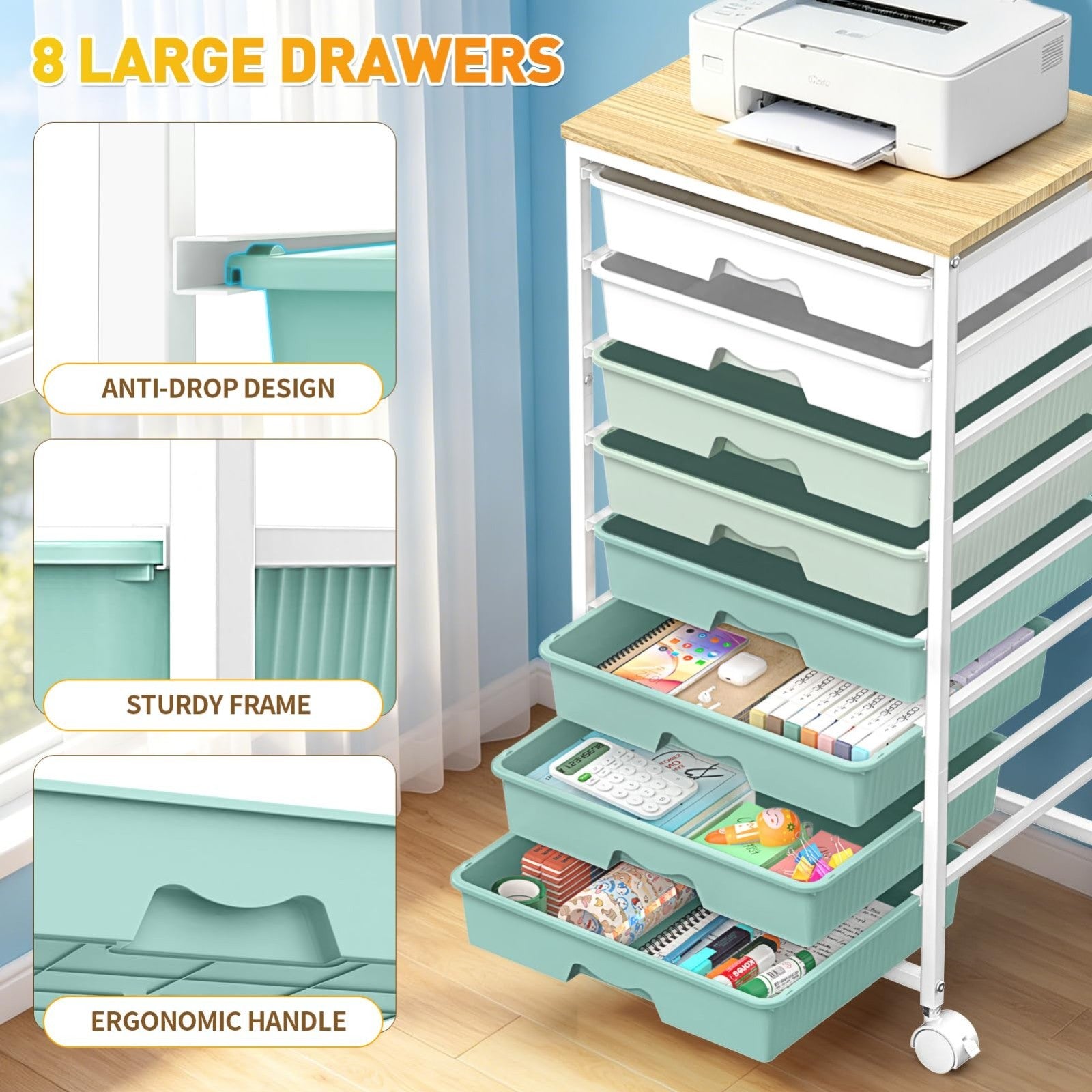 8 Drawer Rolling Storage Cart with Wooden Top & Lockable Wheels   Craft & Office4