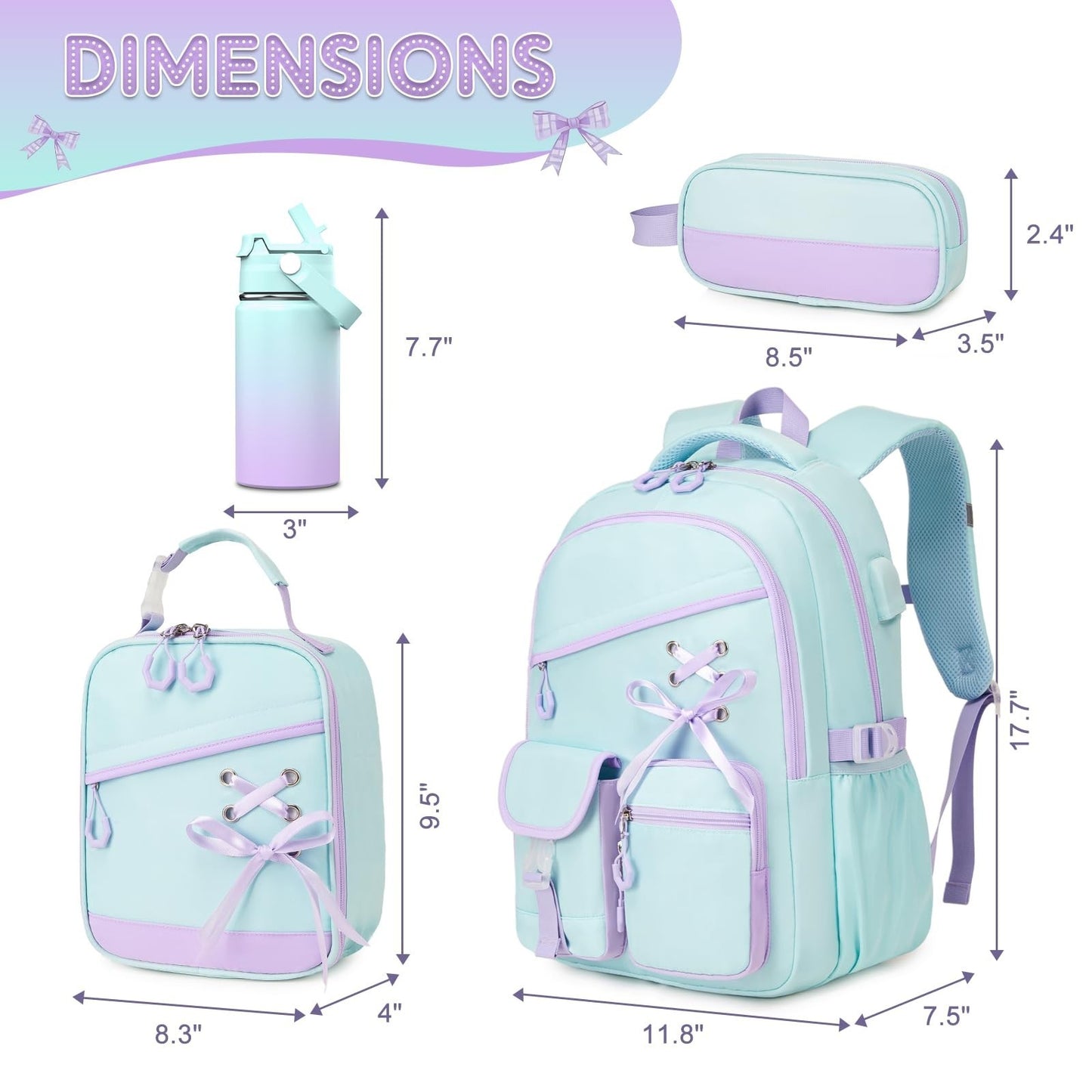 Girls School Backpack Set   6PCS with Insulated Water Bottle, Lunch Bag & Pencil2