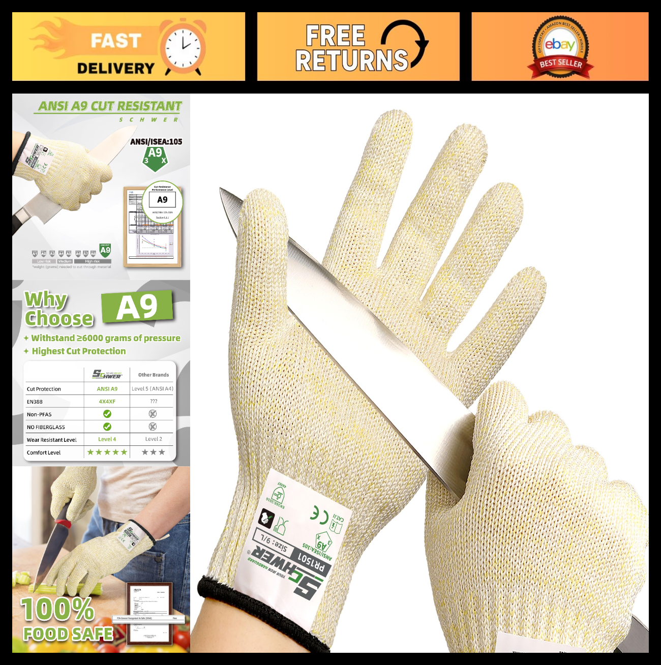 Cut Resistant Gloves   Food Grade, Non PFAS, Kitchen Prep, Meat & Fish Cutting,0