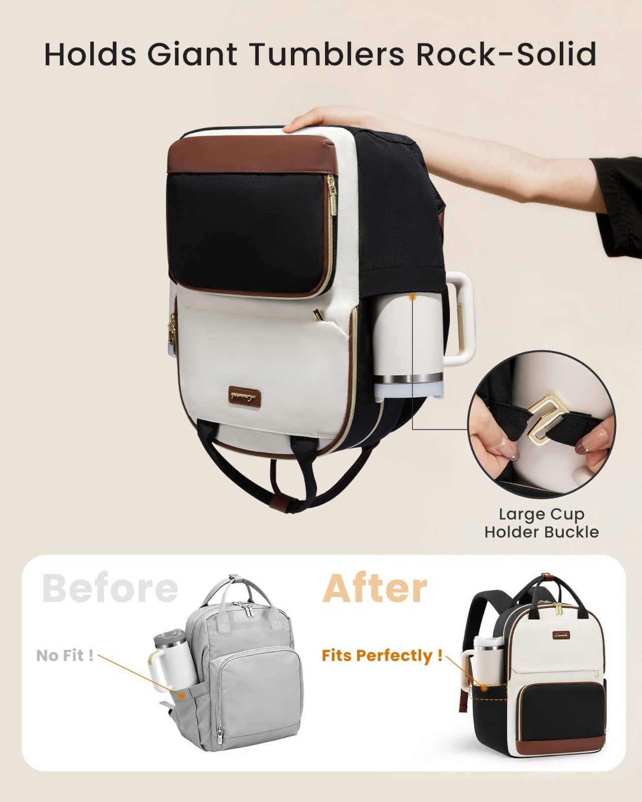Stylish Waterproof Laptop Backpack for Women, 15.6" Travel Bag with Tumbler Hold2