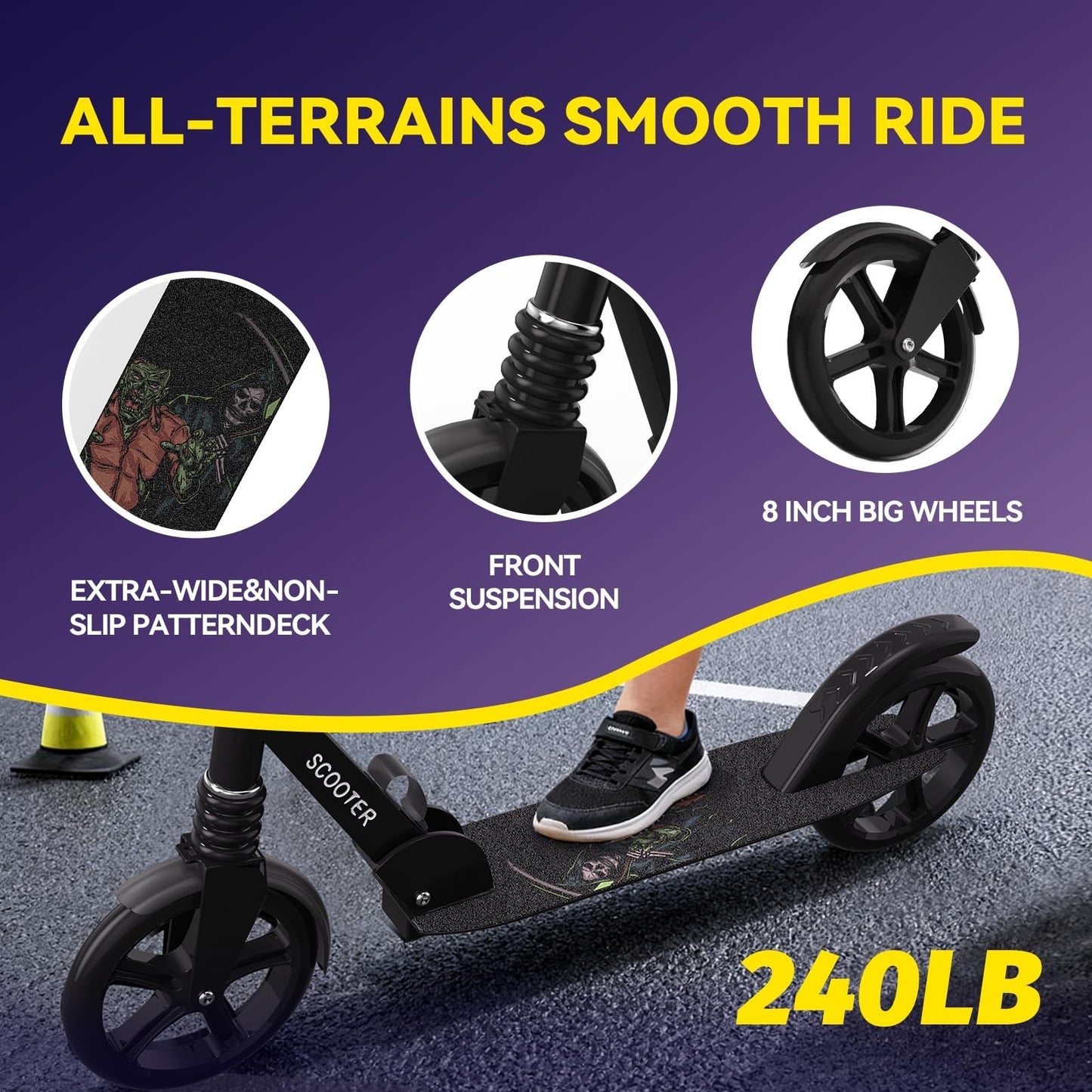 Adjustable Kick Scooter for Kids & Teens, Max Load 240 LBS, Foldable, 8" Wheels,2