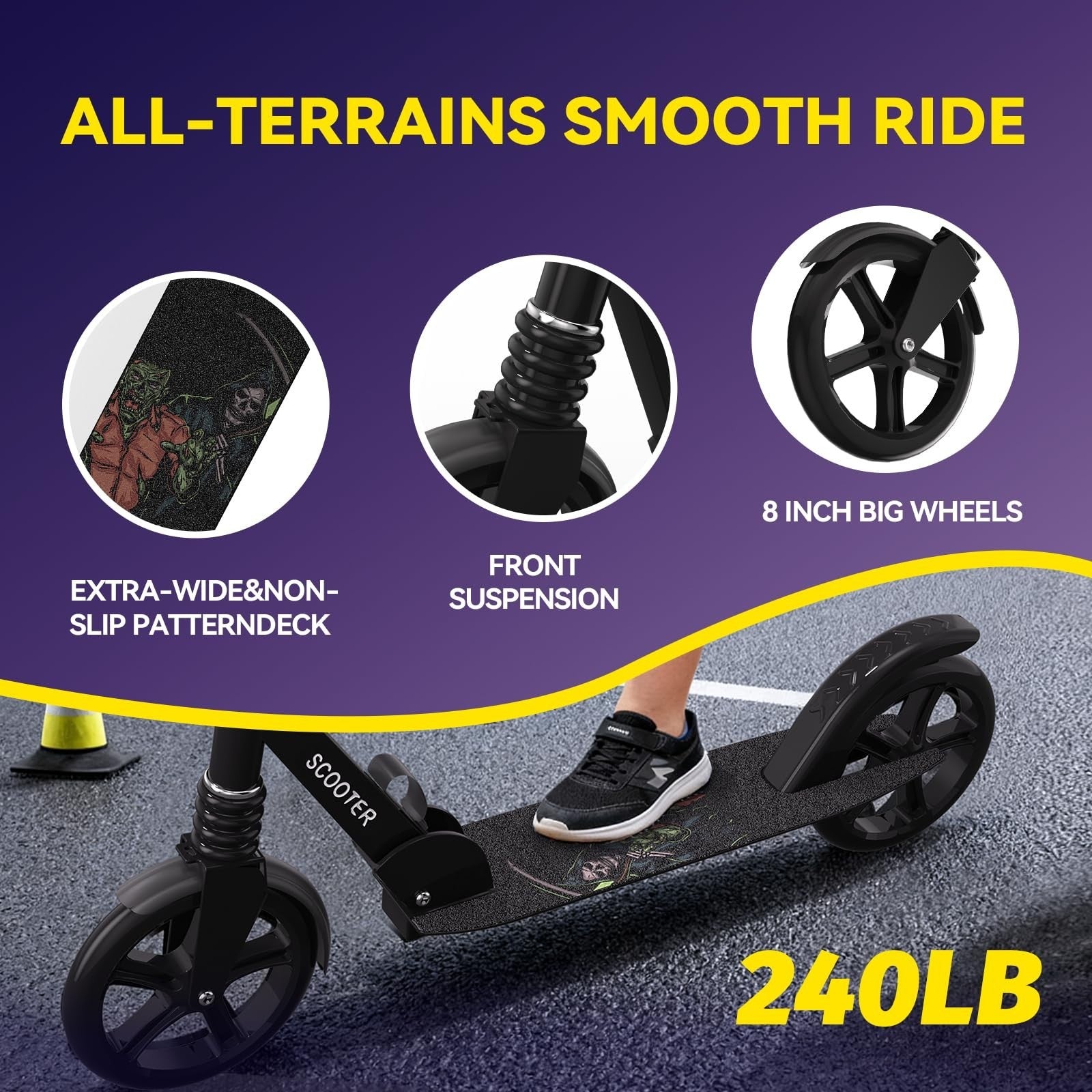 Adjustable Kick Scooter for Kids & Teens, Max Load 240 LBS, Foldable, 8" Wheels,2