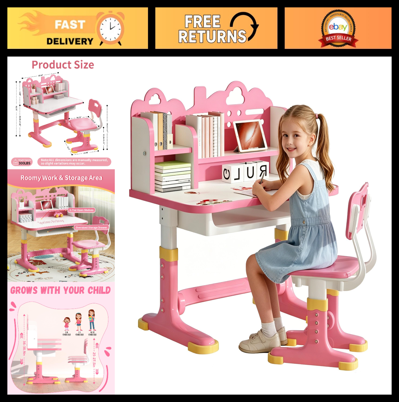 Height Adjustable Kids Study Desk & Chair Set for Ages 3 12   Learning Furniture0