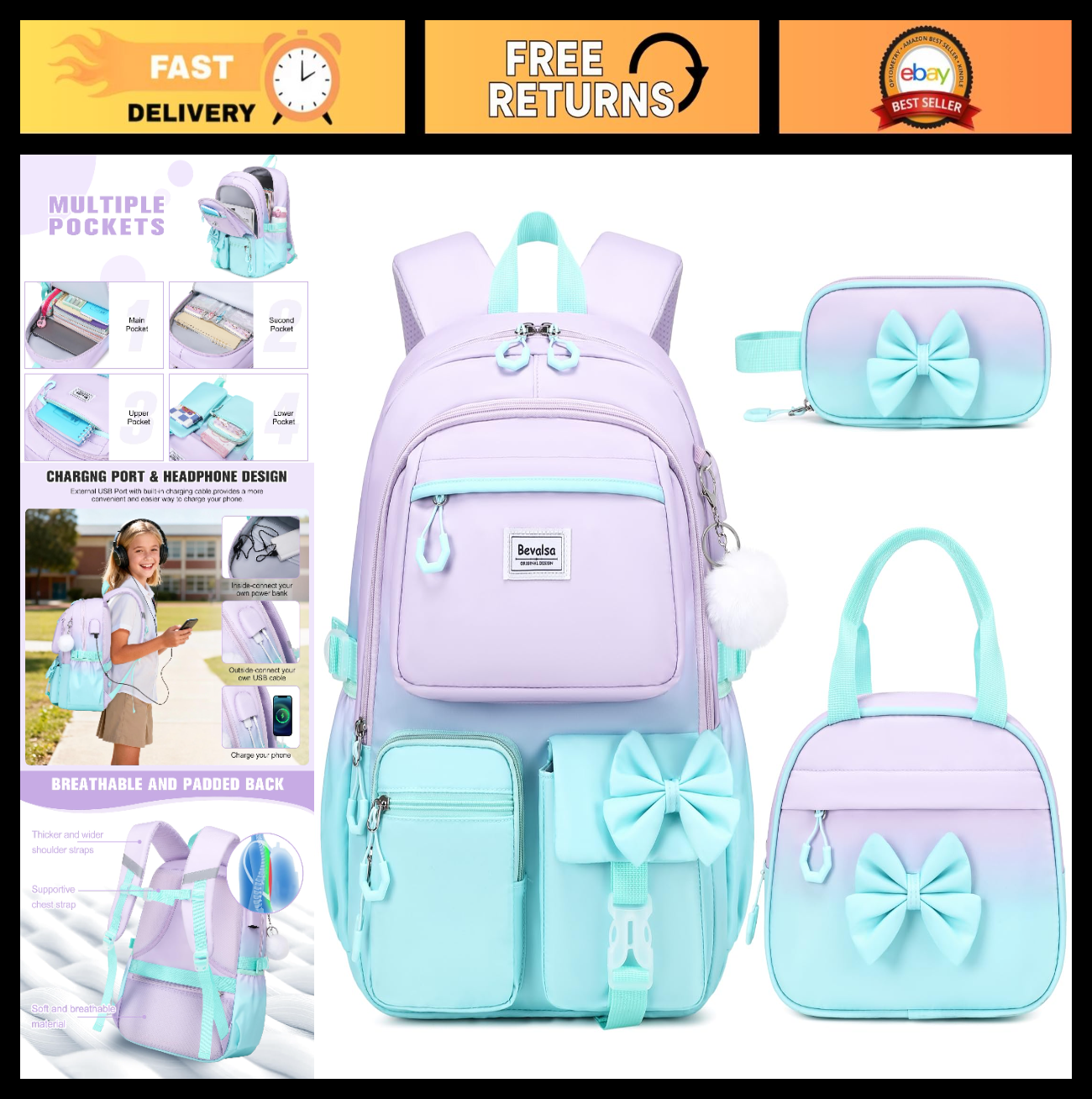 Cute Bow Backpack for Girls   School Bag with Lunch Bag & Pencil Case, Stylish &0