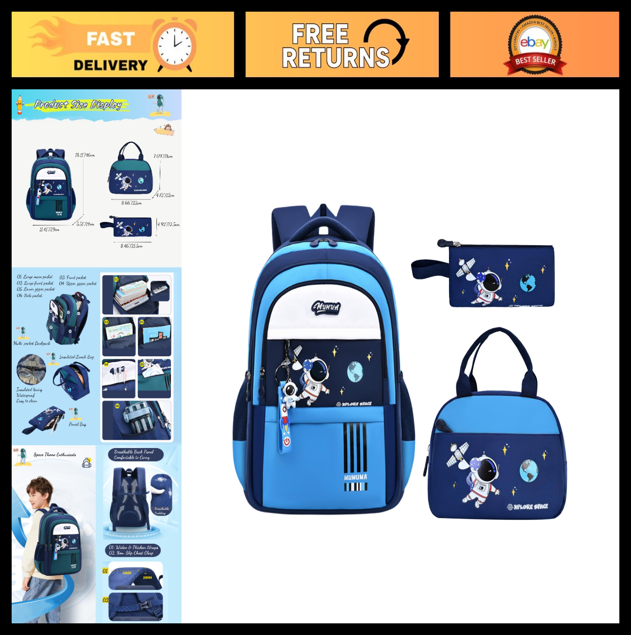 3pcs Boys Lightweight Astronaut Backpack Set with Lunch Box   School Bookbags fo0