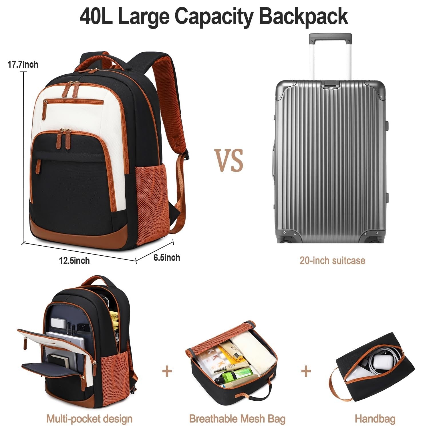 40L Travel Backpack for Men & Women, TSA Approved Carry-On, Fits 17" Laptop, Bla4