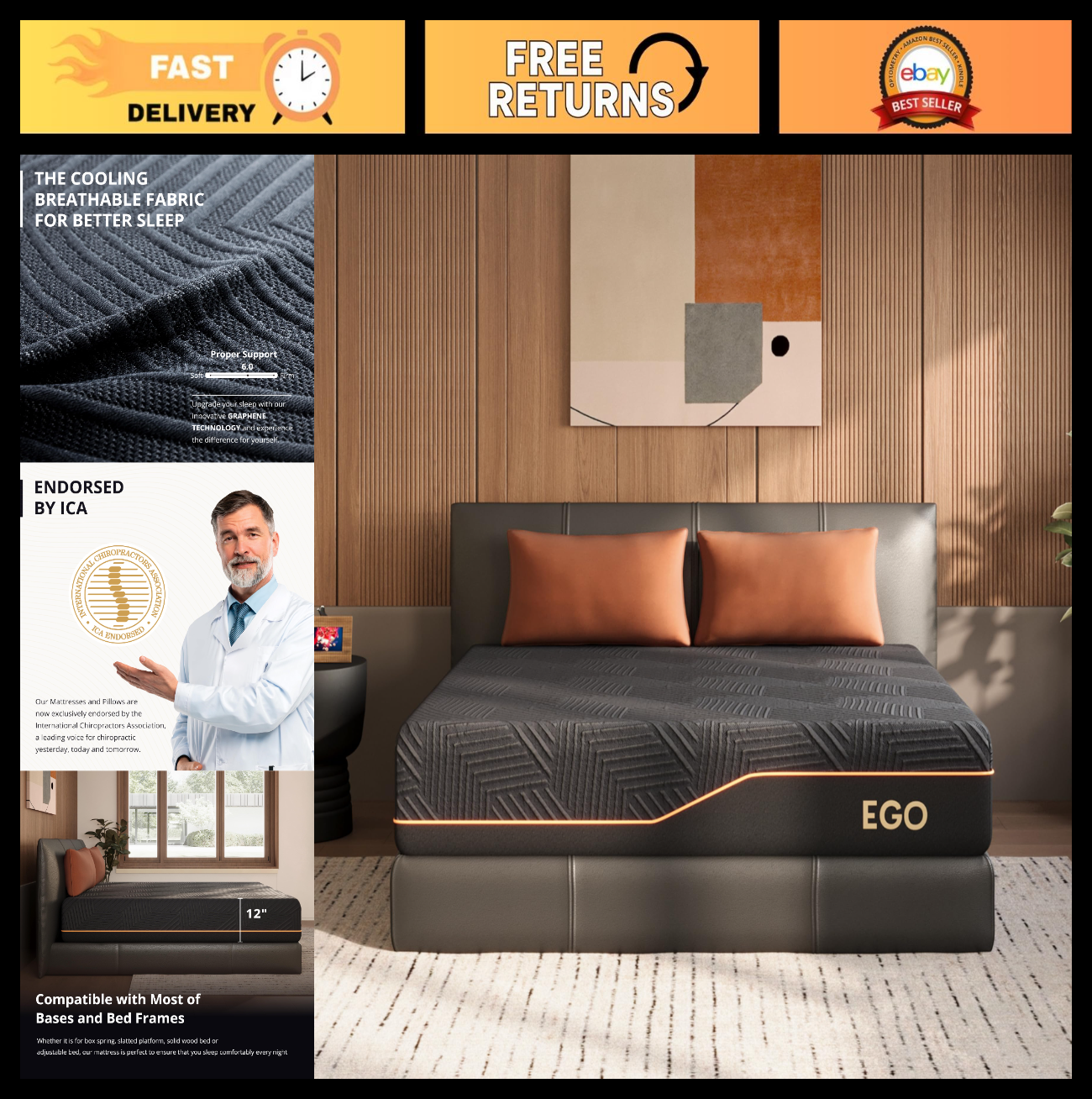 Cal King 12" Memory Foam Mattress   Cool, Medium Firm, Pain Relief, Copper Gel,0