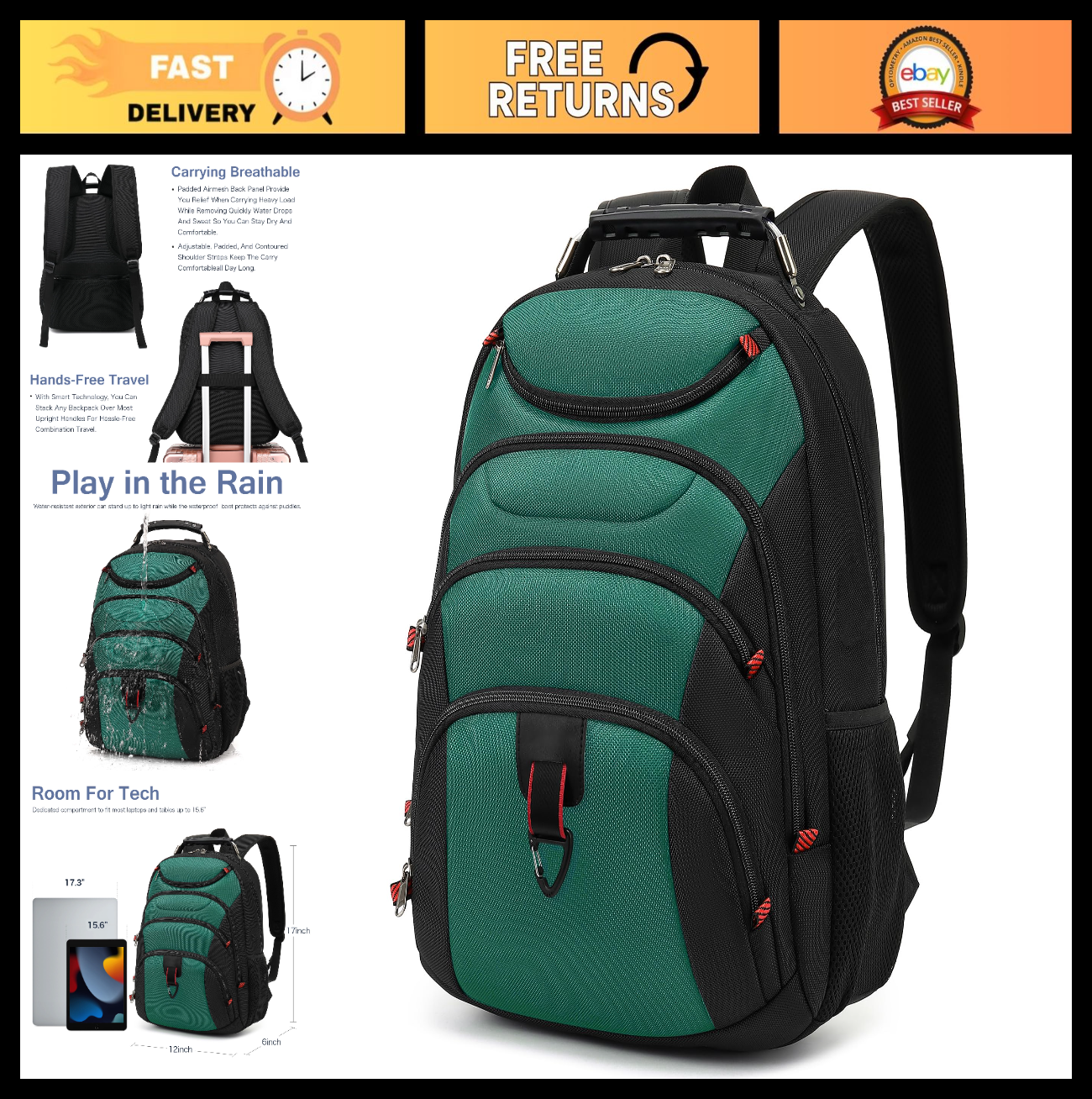 Waterproof Laptop Backpack for 15.6" Laptops, USB Port, Anti Theft, Travel Bag0