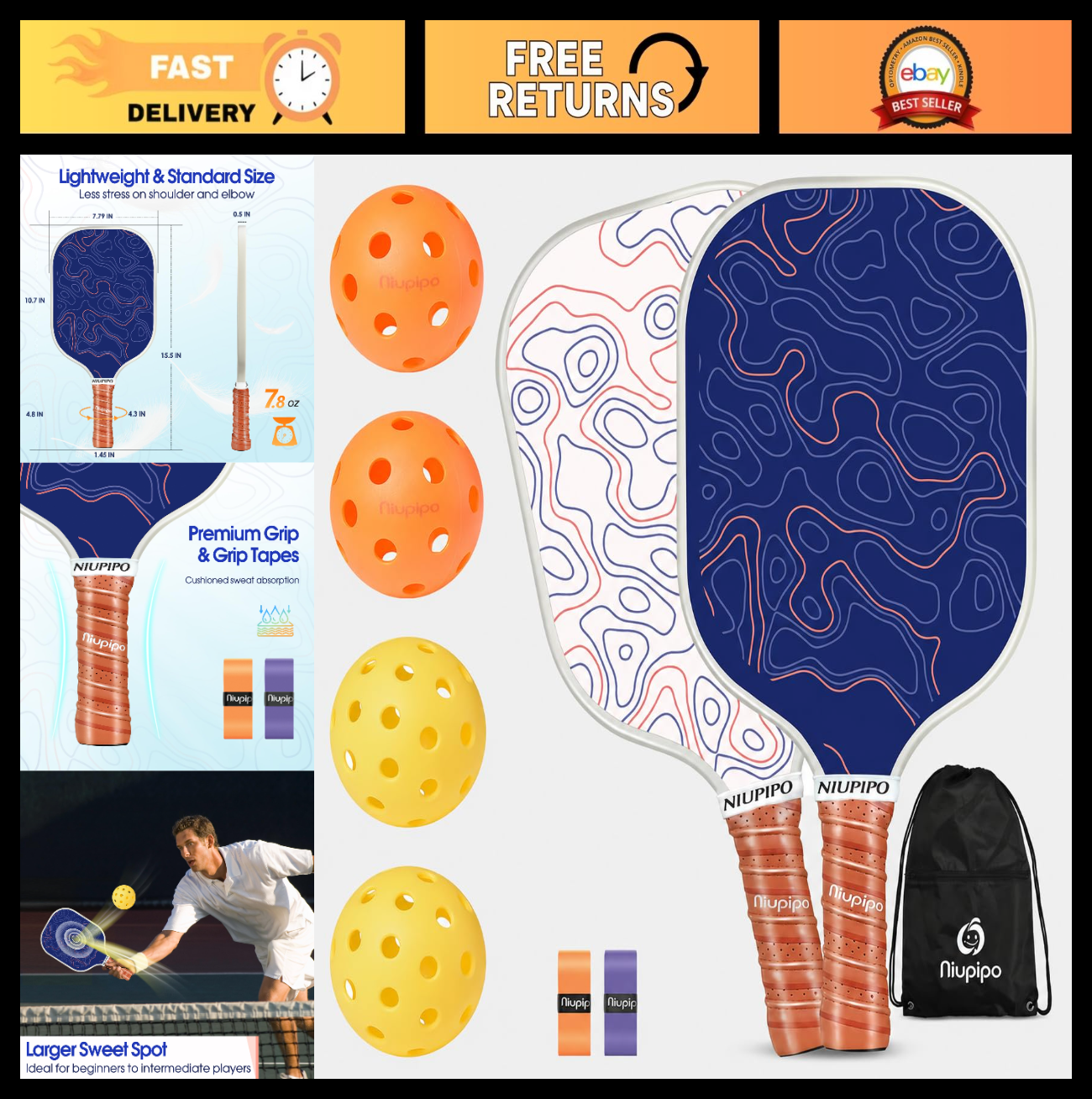 Pickleball Paddle Set of 2 or 4, USAPA Approved Fiberglass, Lightweight with Bal0