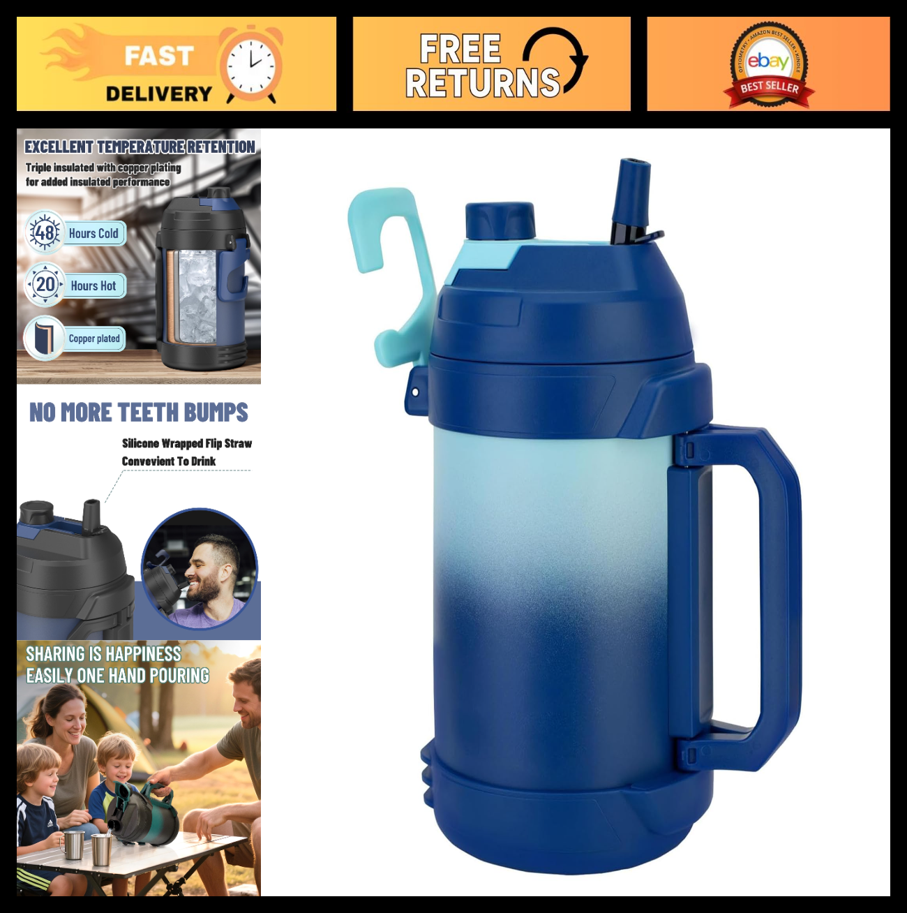 1 Gallon Insulated Water Jug with Straw & Spout - Keeps Drinks Cold 48H - 128 oz0