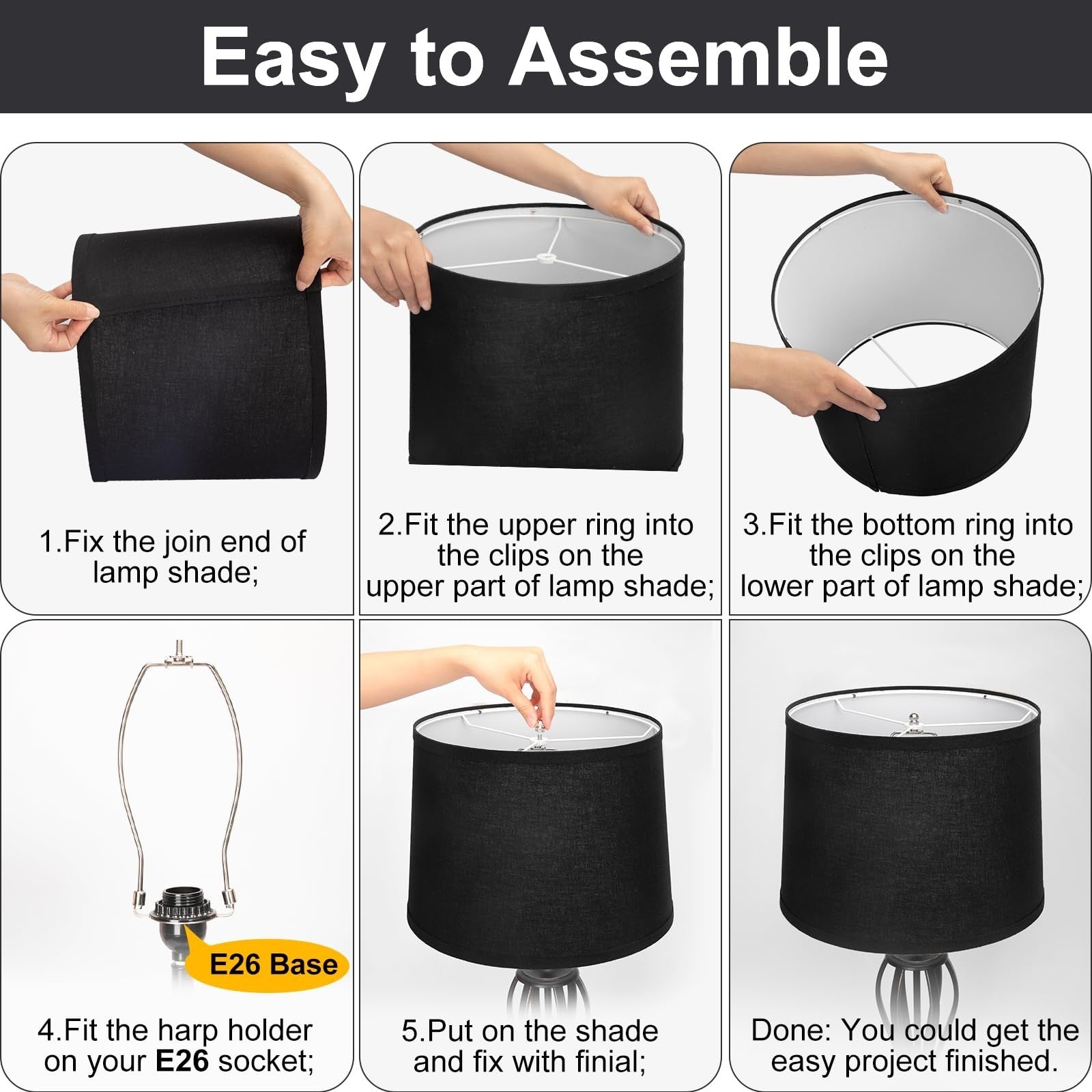 Set of 2 Black Drum Lamp Shades - 11.6" Top x 12.6" Bottom x 9.8" High, Easy Ass4
