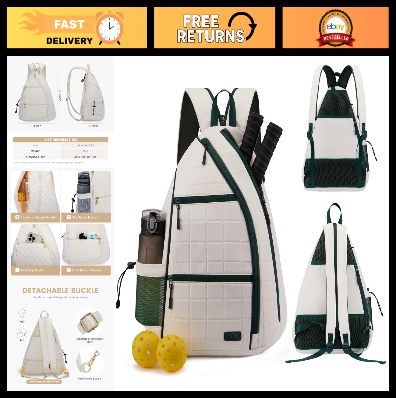 Quilted Crossbody Sling Backpack for Women - Tennis & Pickleball Paddle Bag0