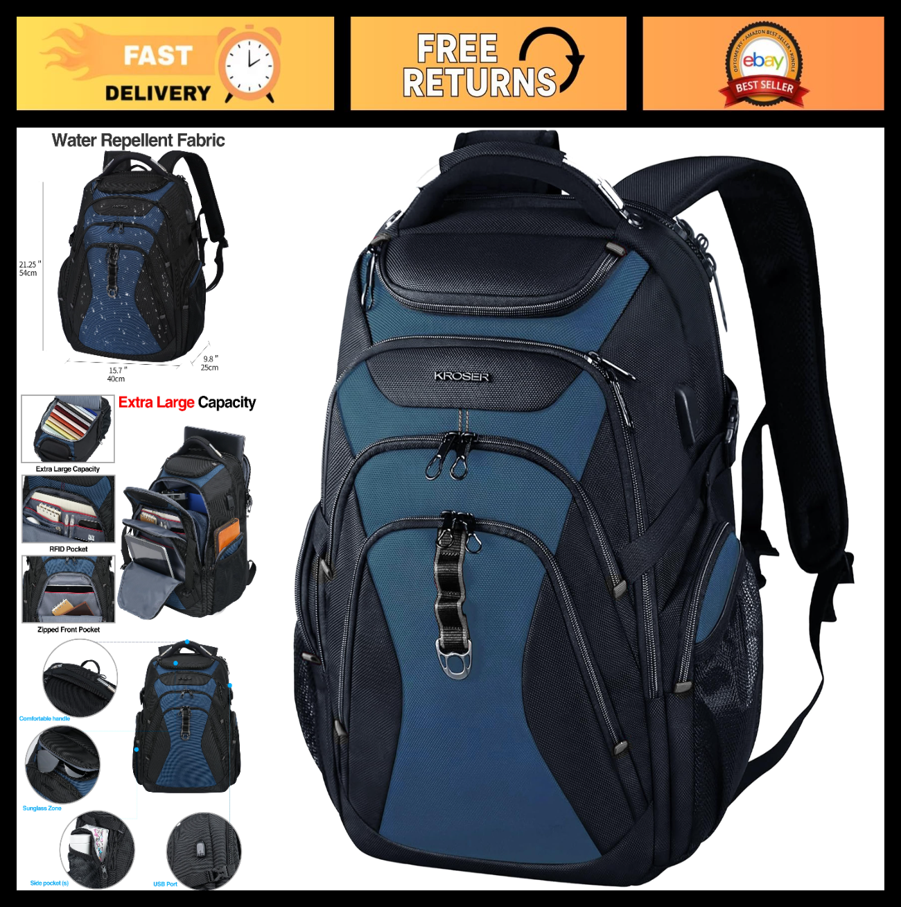 Large 18.4" Laptop Backpack for Men, Stylish Computer Bag, Water Resistant, Blac0