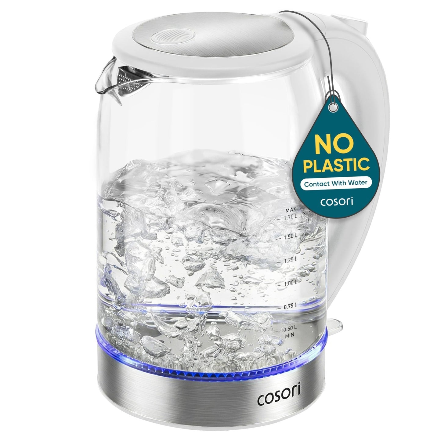 Electric Kettle 1.7L Borosilicate Glass, No Plastic Contact, Auto Shut Off, Easy1