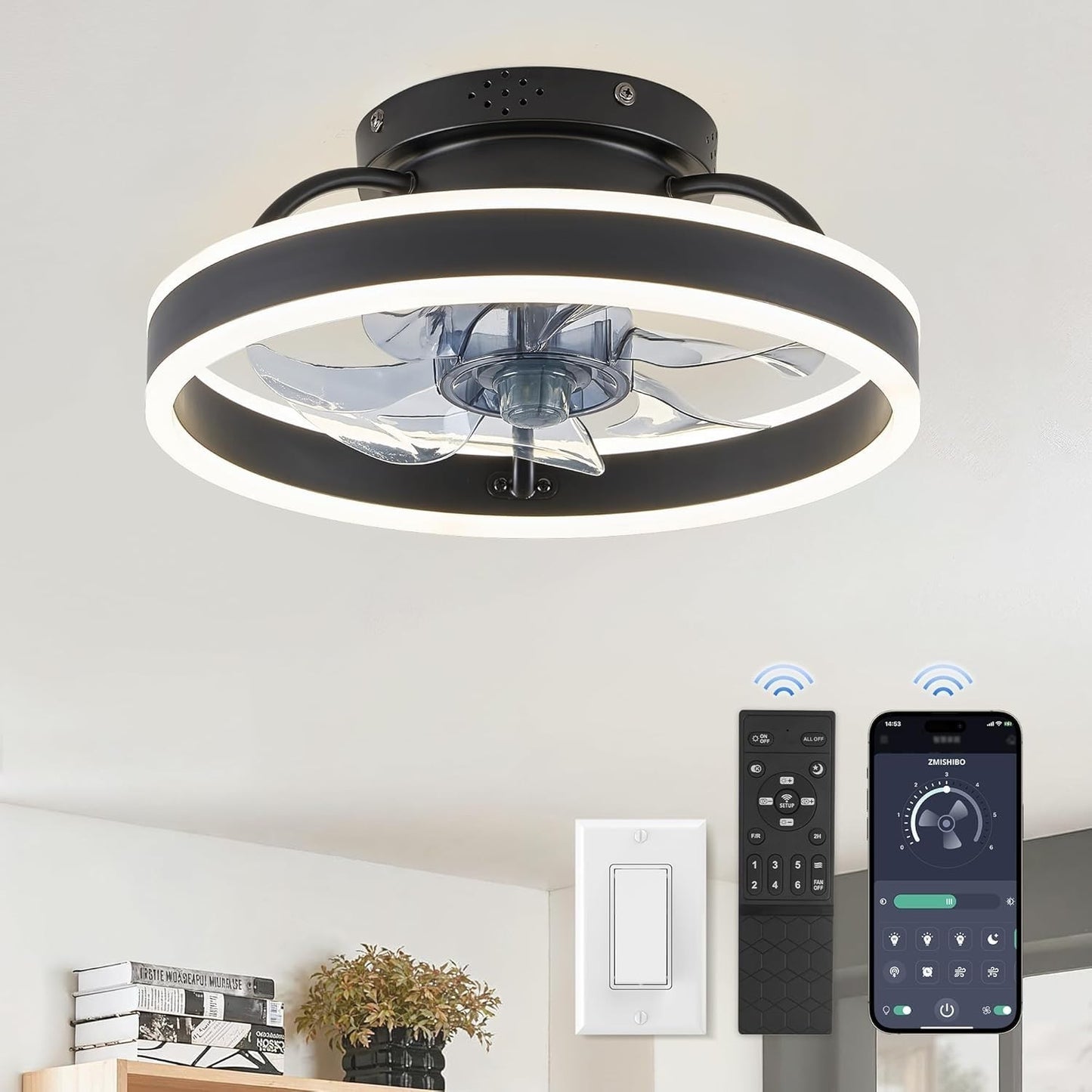 Low Profile Ceiling Fan with Lights & Remote   13" Modern Flush Mount Fandelier,0