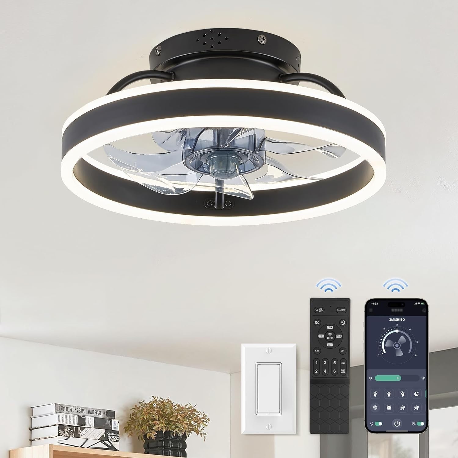 Low Profile Ceiling Fan with Lights & Remote   13" Modern Flush Mount Fandelier,0