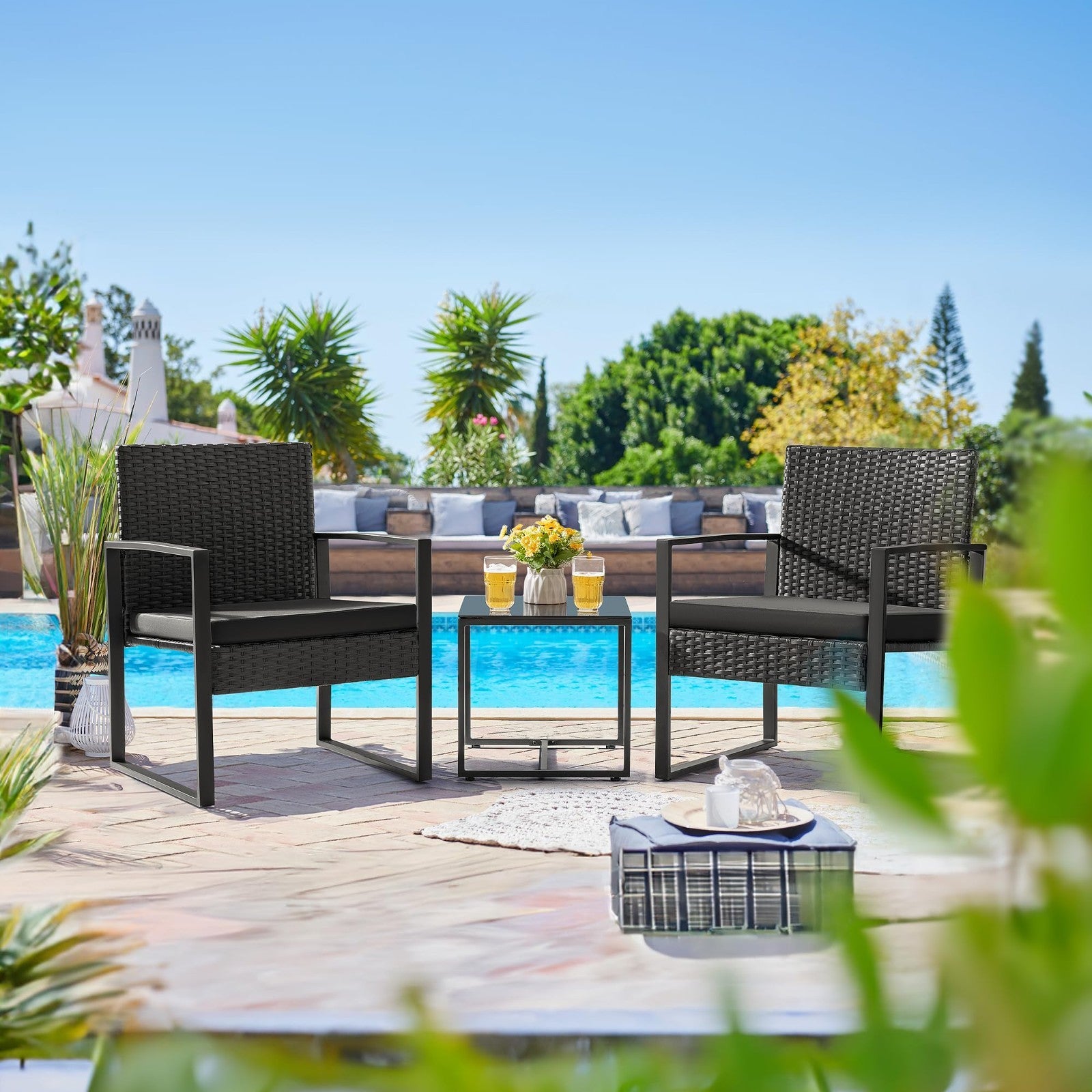 3 Piece Outdoor Wicker Patio Furniture Set | Modern Rattan Bistro Chairs & Table2