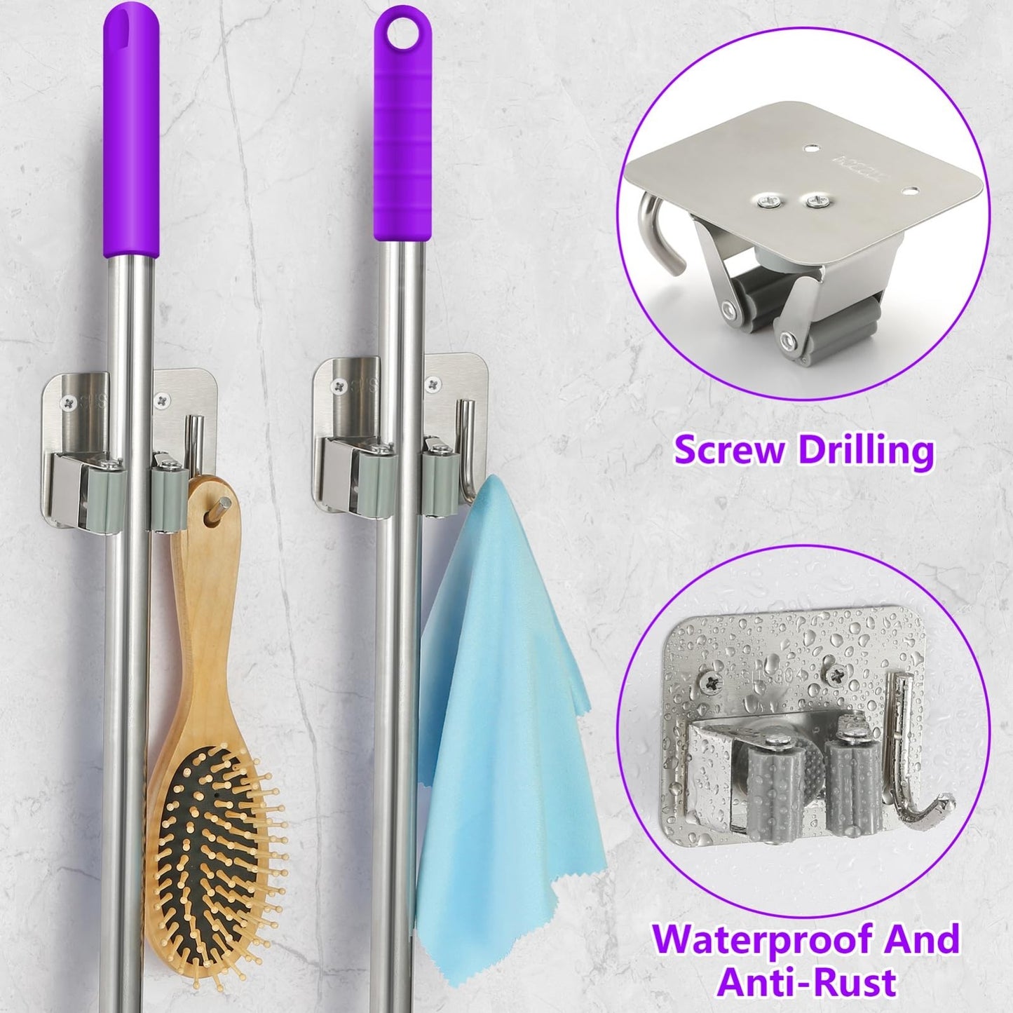Heavy Duty Wall Mount Broom Holder - Stainless Steel Mop Gripper Rack for Laundr3