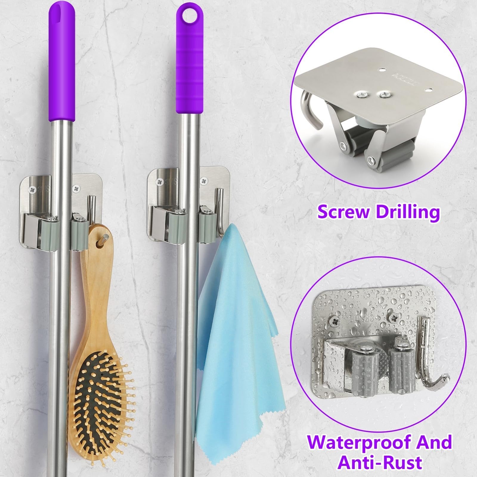 Heavy Duty Wall Mount Broom Holder - Stainless Steel Mop Gripper Rack for Laundr3
