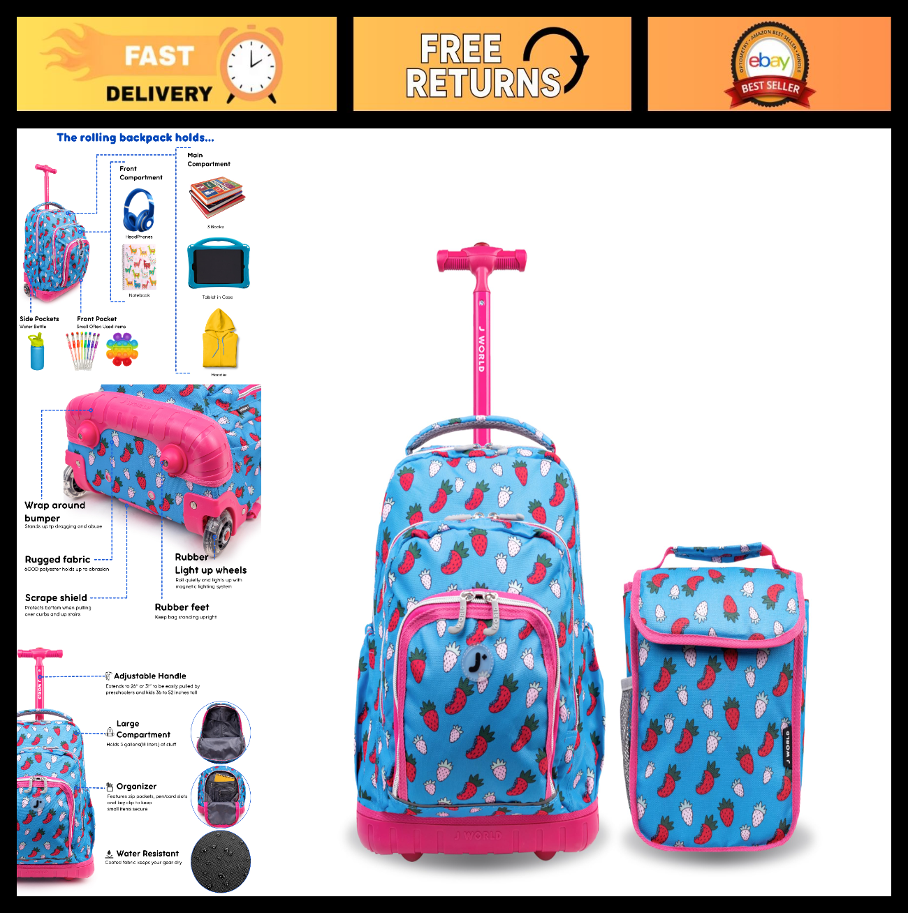 Kids Rolling Backpack & Lunch Bag Set   Elementary School Carry On Suitcase with0