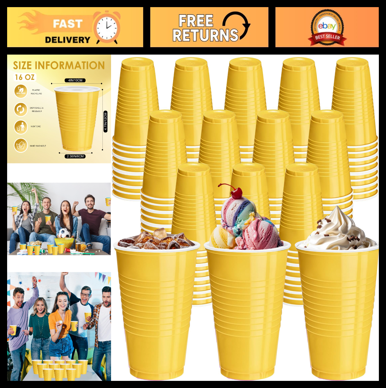 120 Pcs 16 oz Yellow Disposable Plastic Cups for Parties, BBQs, Picnics & Snacks0