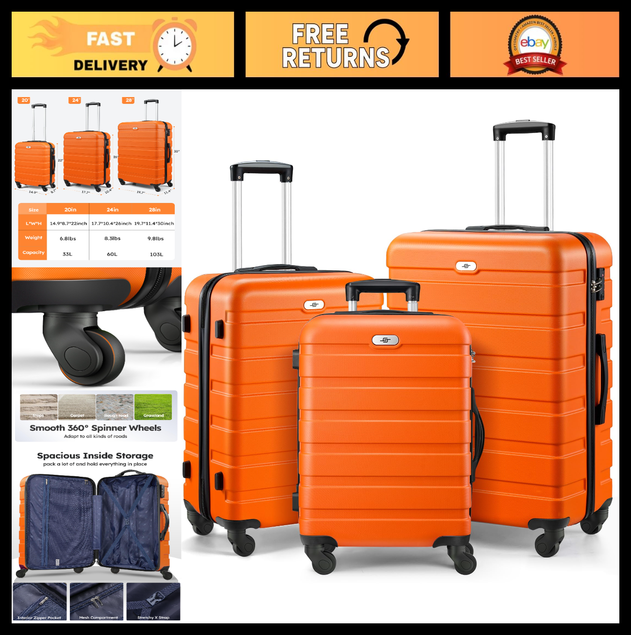 3 Piece Hard Shell Luggage Set with Spinner Wheels & TSA Lock - 20/24/28 Inch, O0