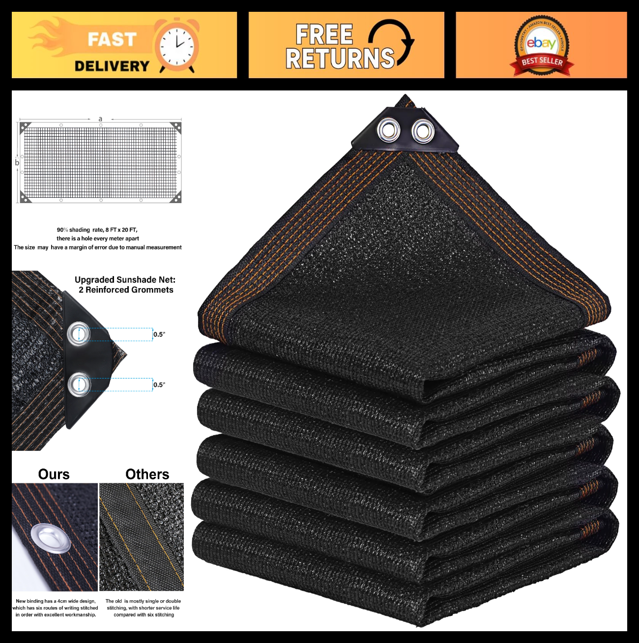 90% Black Shade Cloth 8x20 FT - Garden Mesh Tarp for Greenhouse, Patio, Plants &0